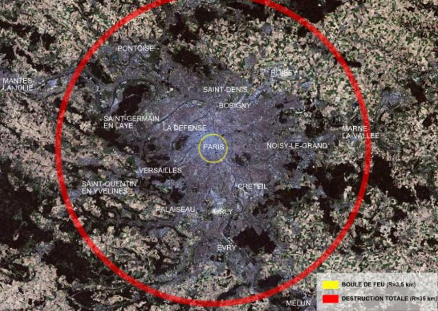 Tsar Bomba blast radius map vs Paris