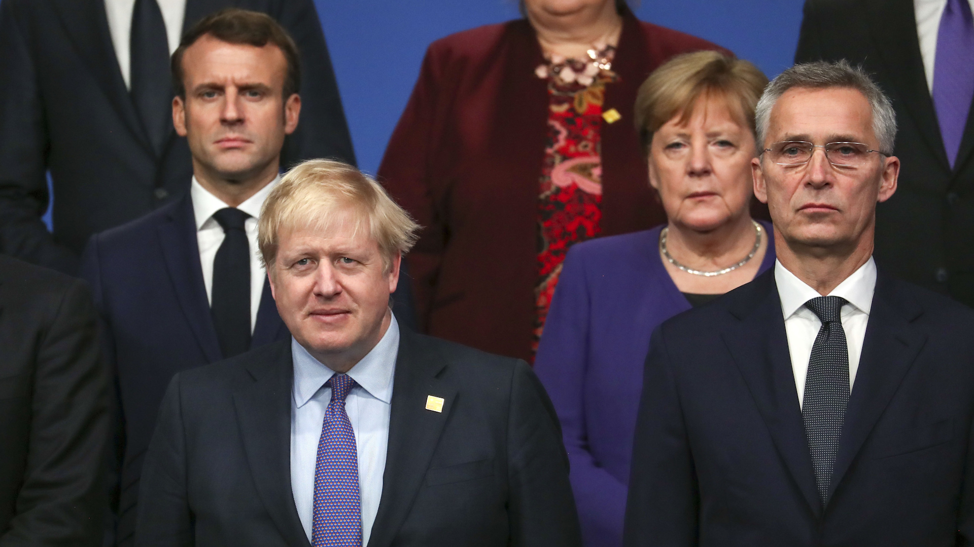 France President Emmanuel Macron with Boris Johnson, German Chancellor Angela Merkel and NATO Secretary General Jens Stoltenberg