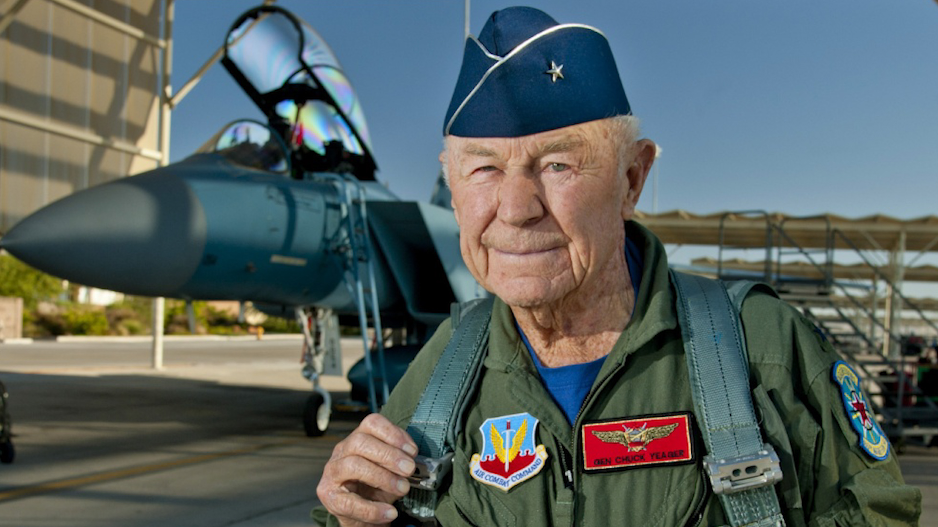 Brig Gen Charles Chuck Yeager prepares to board F-15D Eagle at Nellis Air Force Base to mark 65th anniversary of breaking sound barrier 14102012 CREDIT US DEPARTMENT OF DEFENSE .jpg