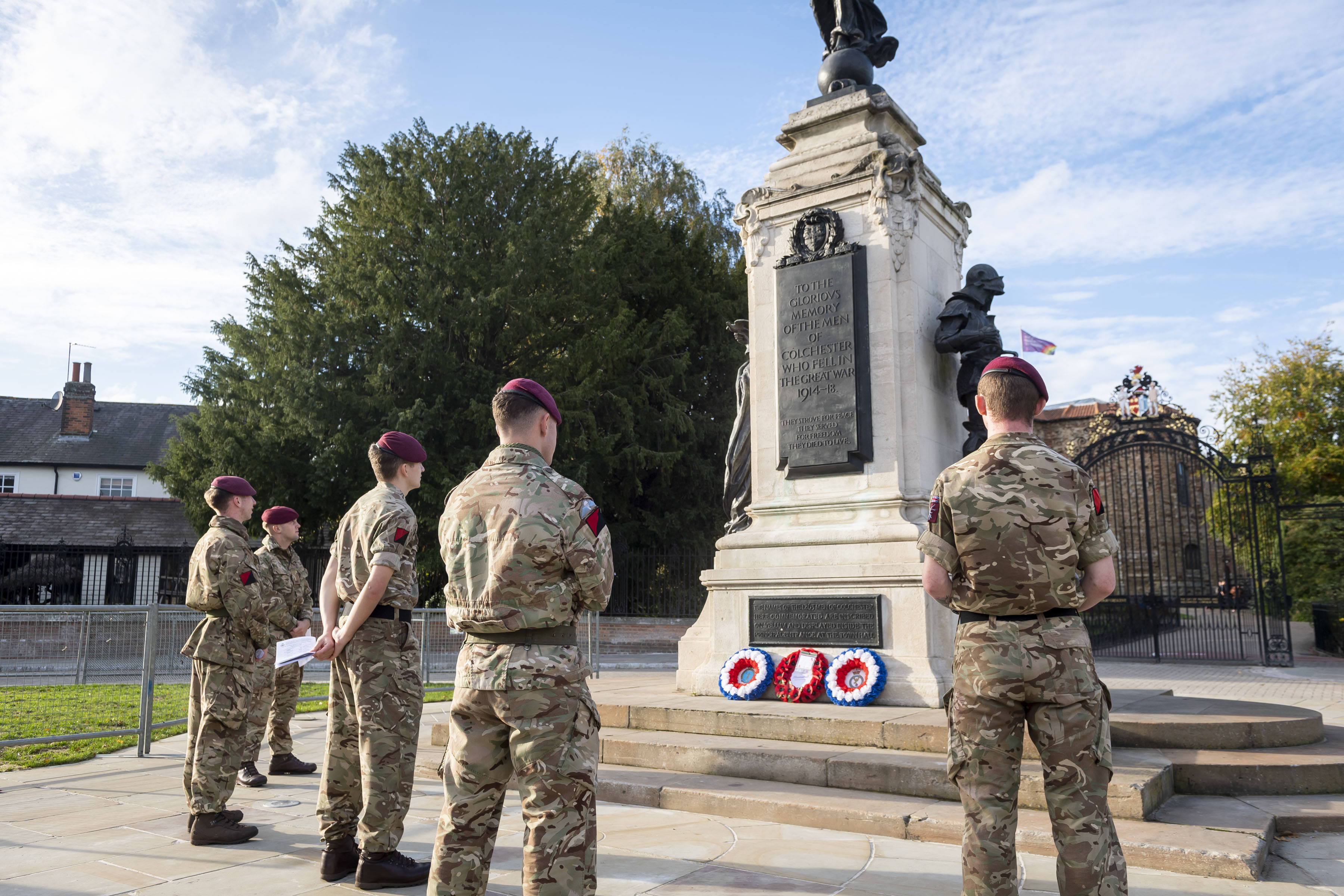 British Army soldiers at the Colchester war memorial, one of the features on a Remembrance walk 