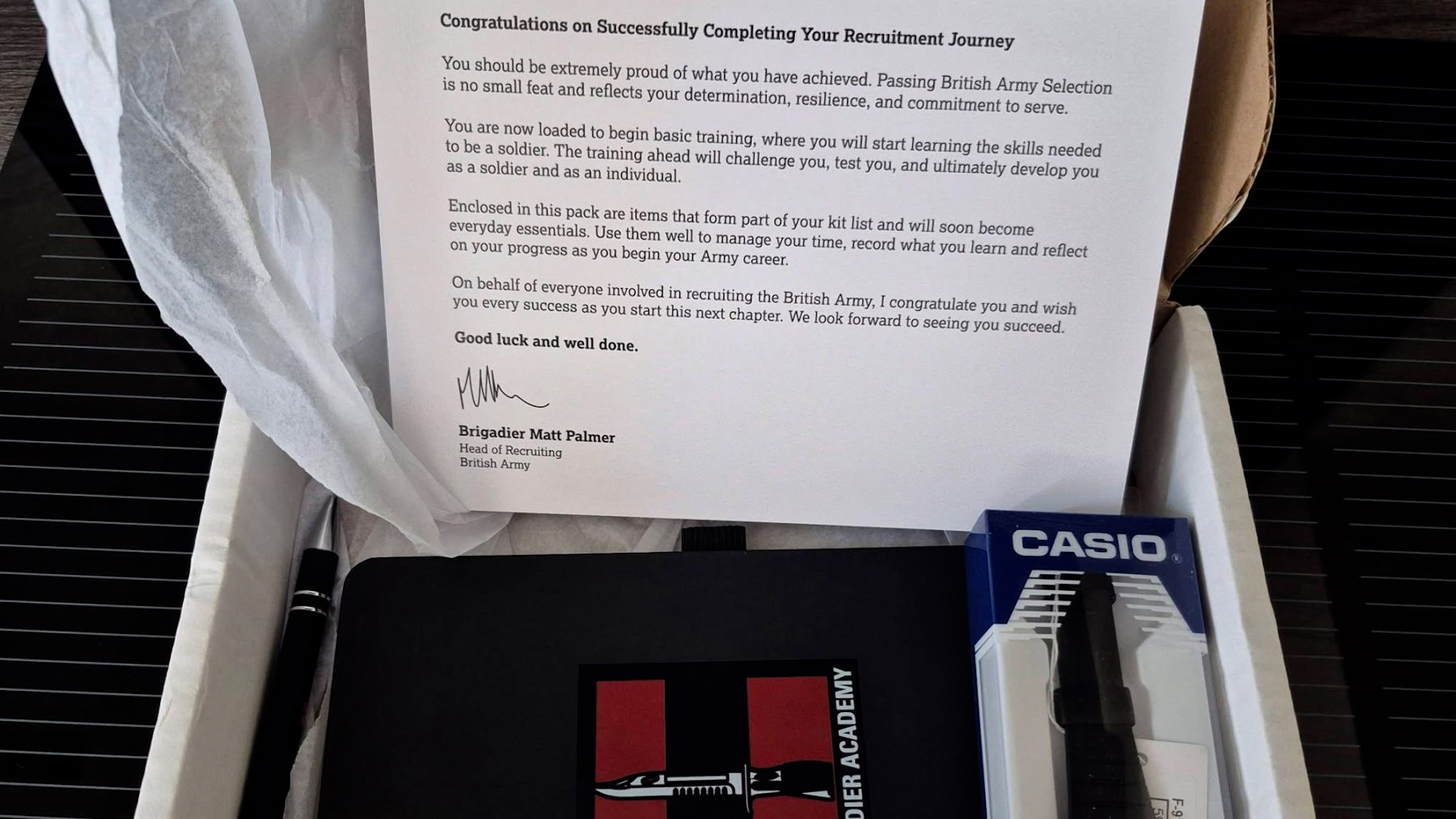 The packs contain a notebook, pen, and a new Casio watch (Picture: Liz Hancock)