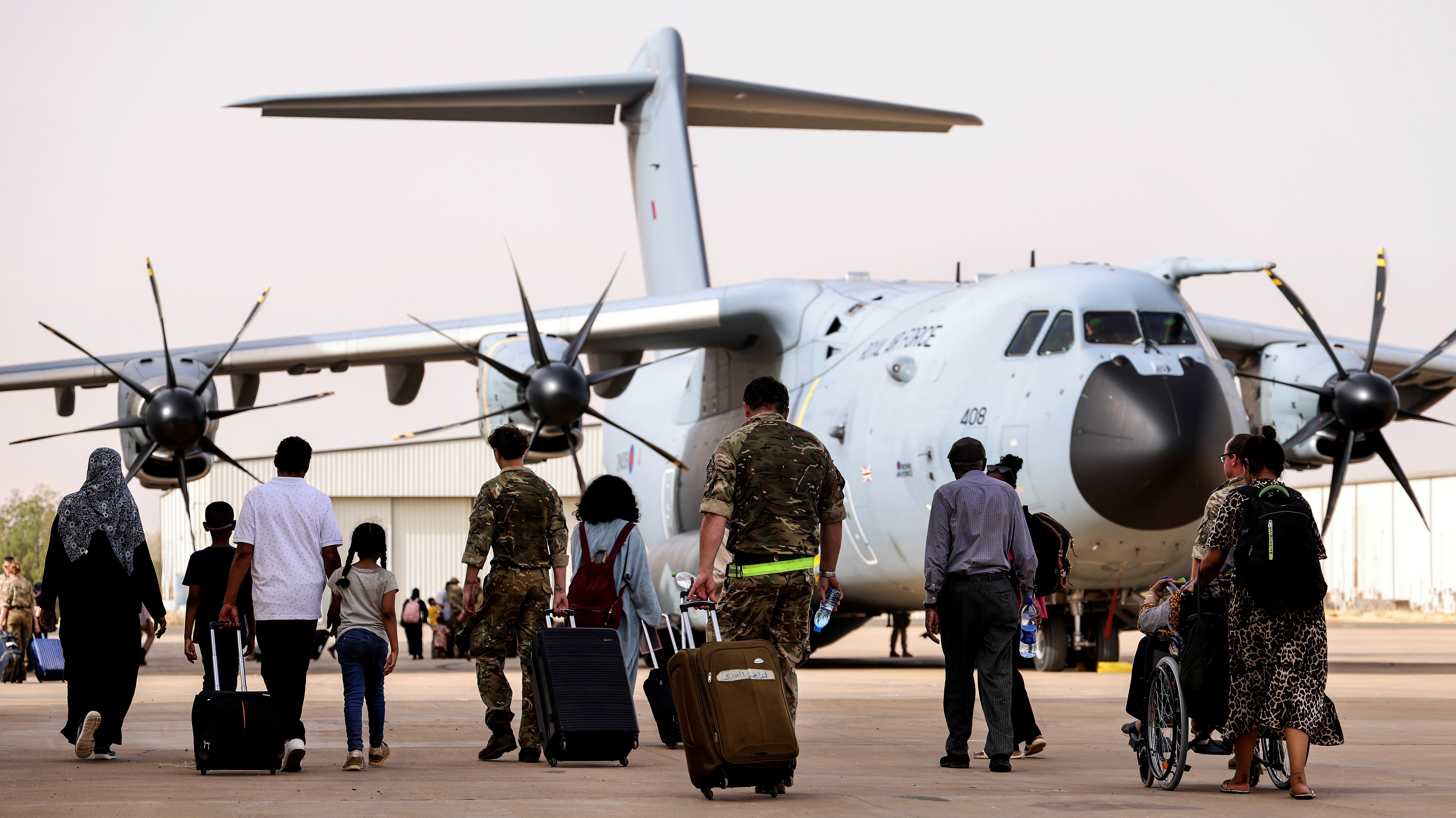 British Nationals, seen here about to board an RAF aircraft in Sudan 26042023 CREDIT MOD Crown Copyright