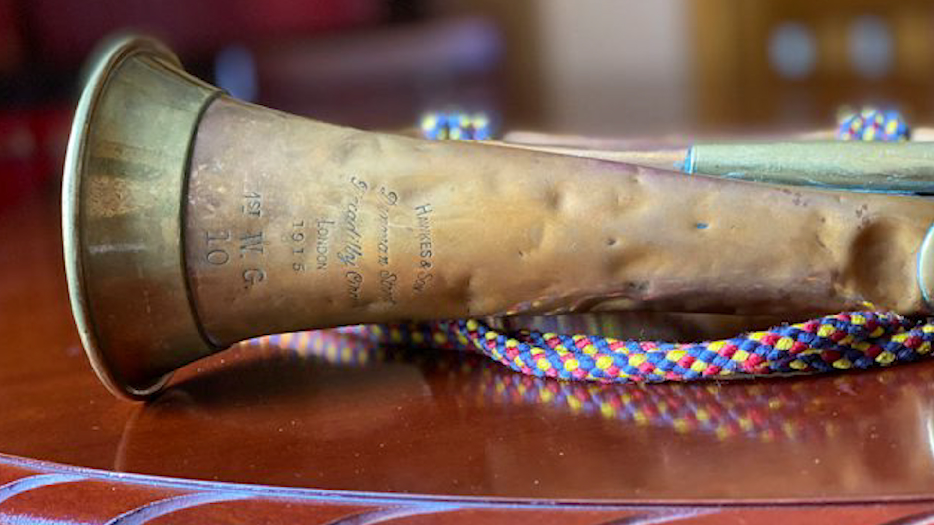 Bugle played on Armistice Day 2020 at the Cenotaph in London which was recovered from the Somme in 1915 101120 CREDIT MOD
