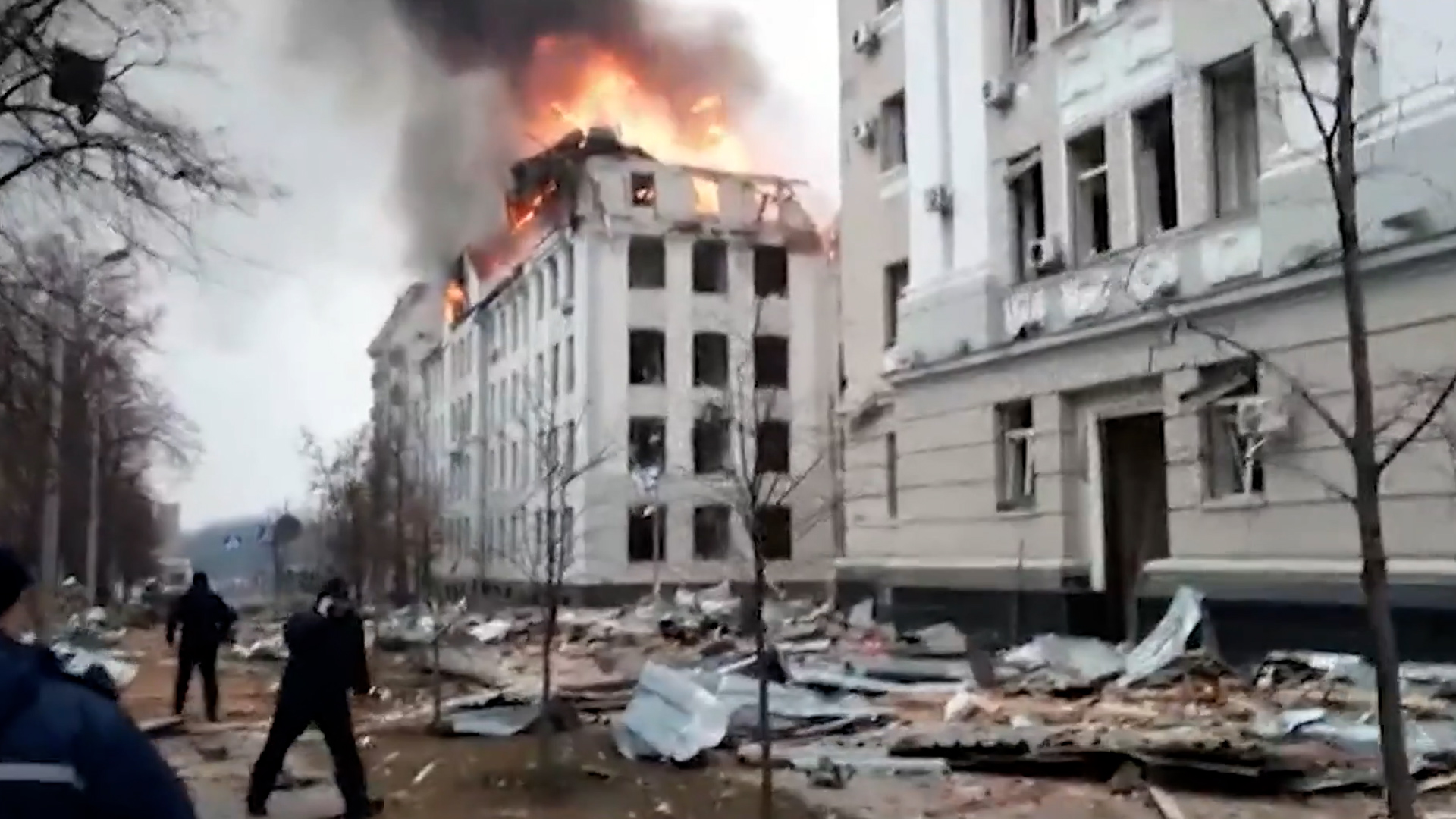 Burning building a result of shelling attack on Kharkiv, northeast Ukraine