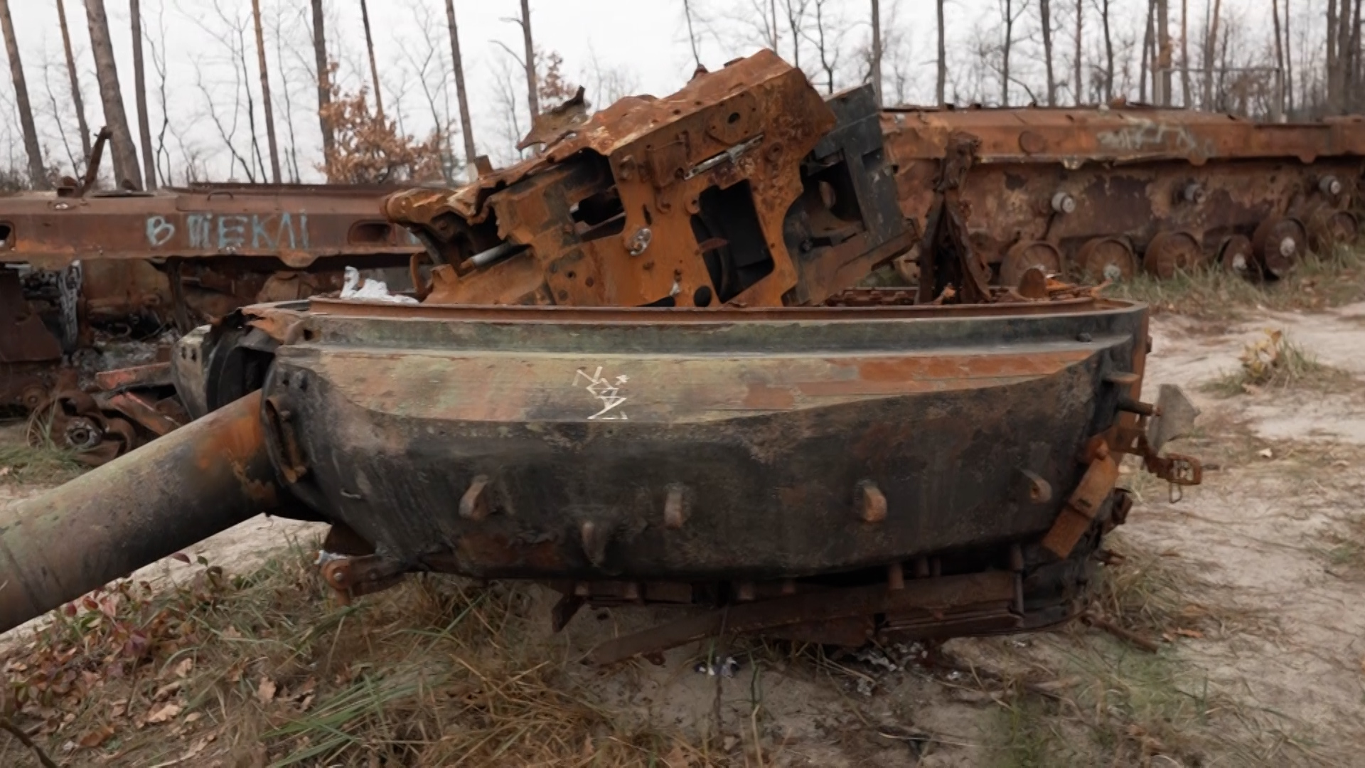 Burnt out remains of Russian armour outskirts of Bucha 05042024 CREDIT BFBS