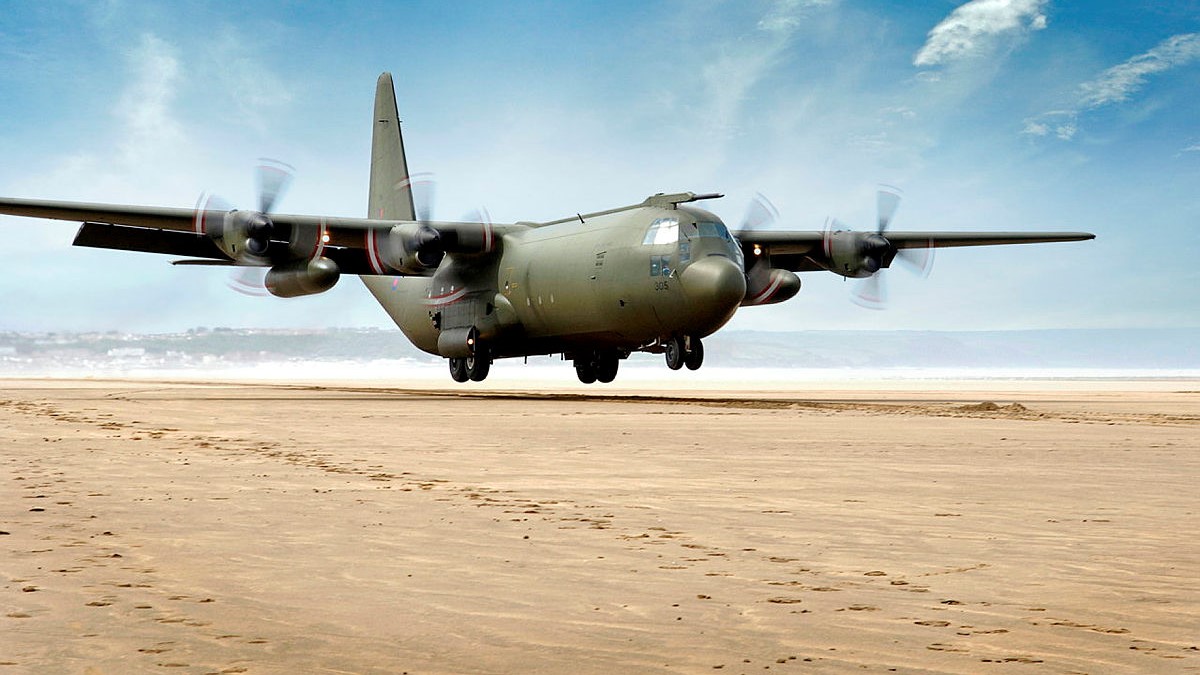 C-130 Mk3 Hercules Transport Aircraft, at Saunton Sands air strip, based in North Devon