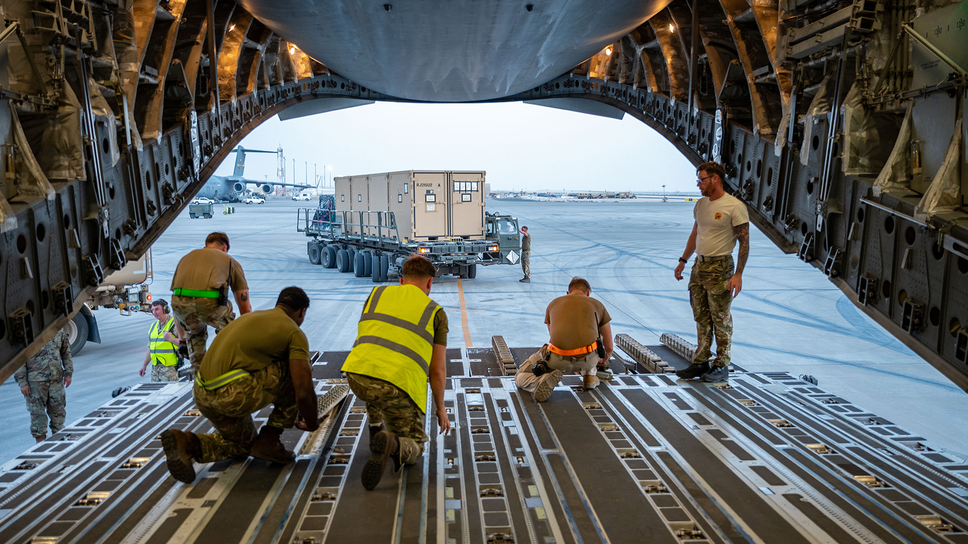 After the squadron flew in a C-17 Globemaster III transport aircraft, the squadron moved supplies into place (Picture: RAF)