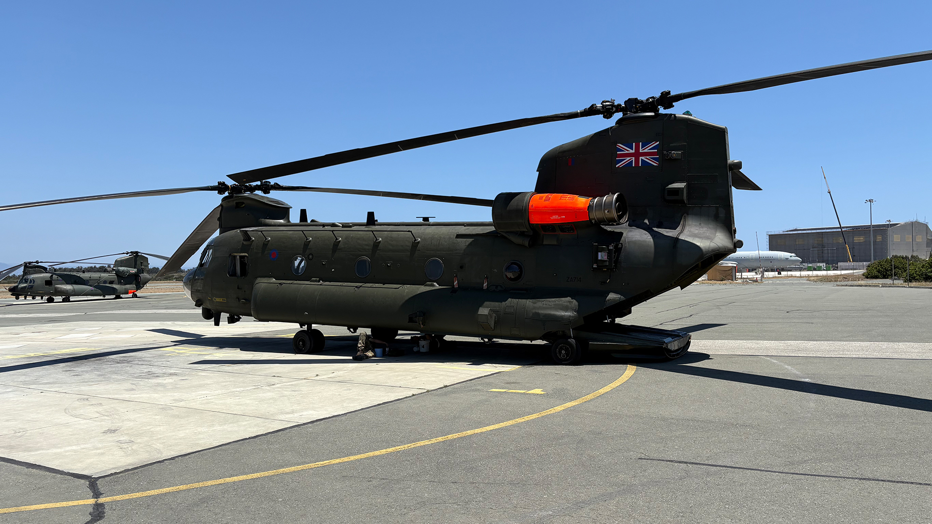 A Chinook CH-47 helicopter is used for firefighting duties in Cyprus