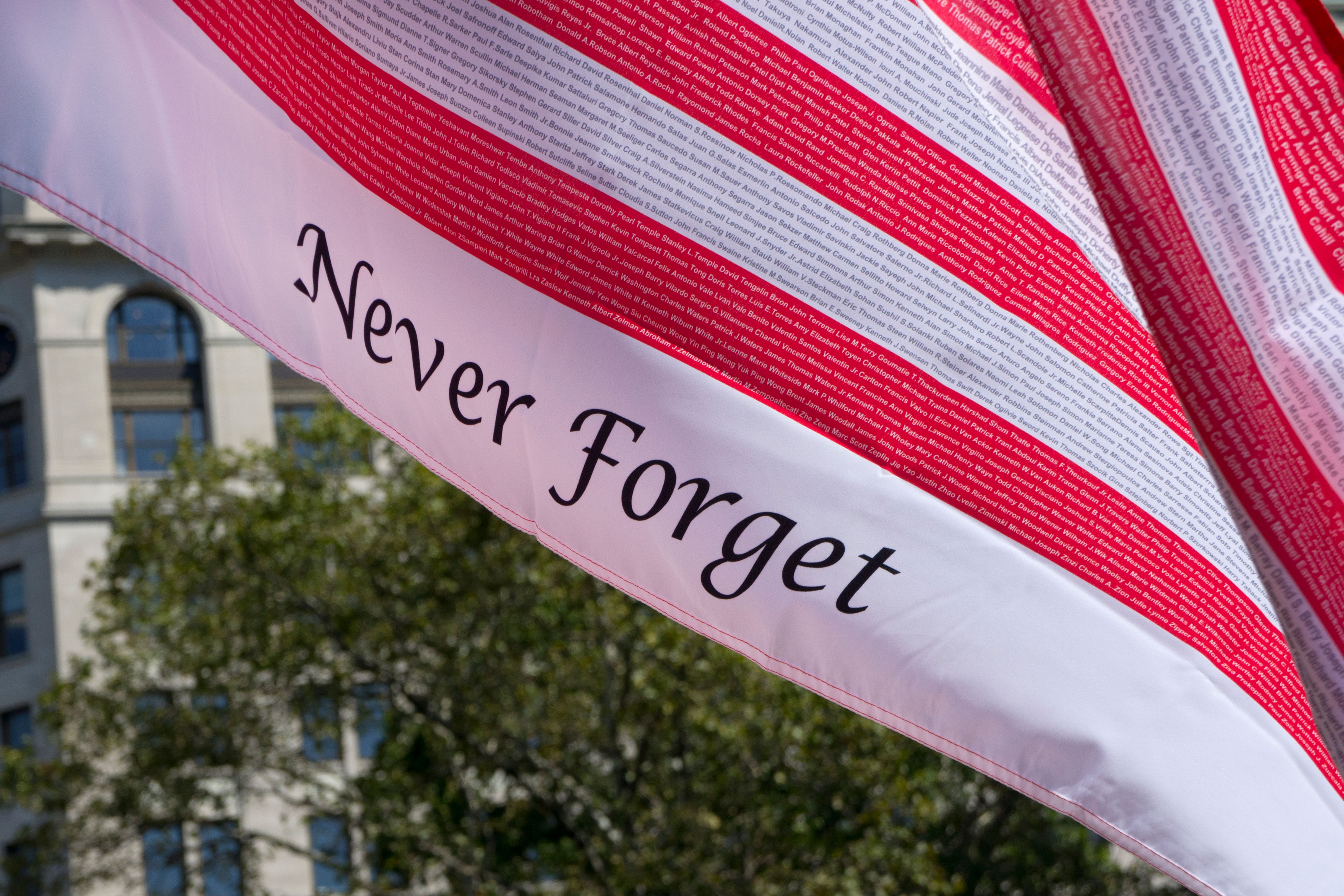 Remembrance flag with names of those who lost their lives in 9/11 terrorist attacks, Battery park, New York, USA (Picture: Francisco Martinez / Alamy).