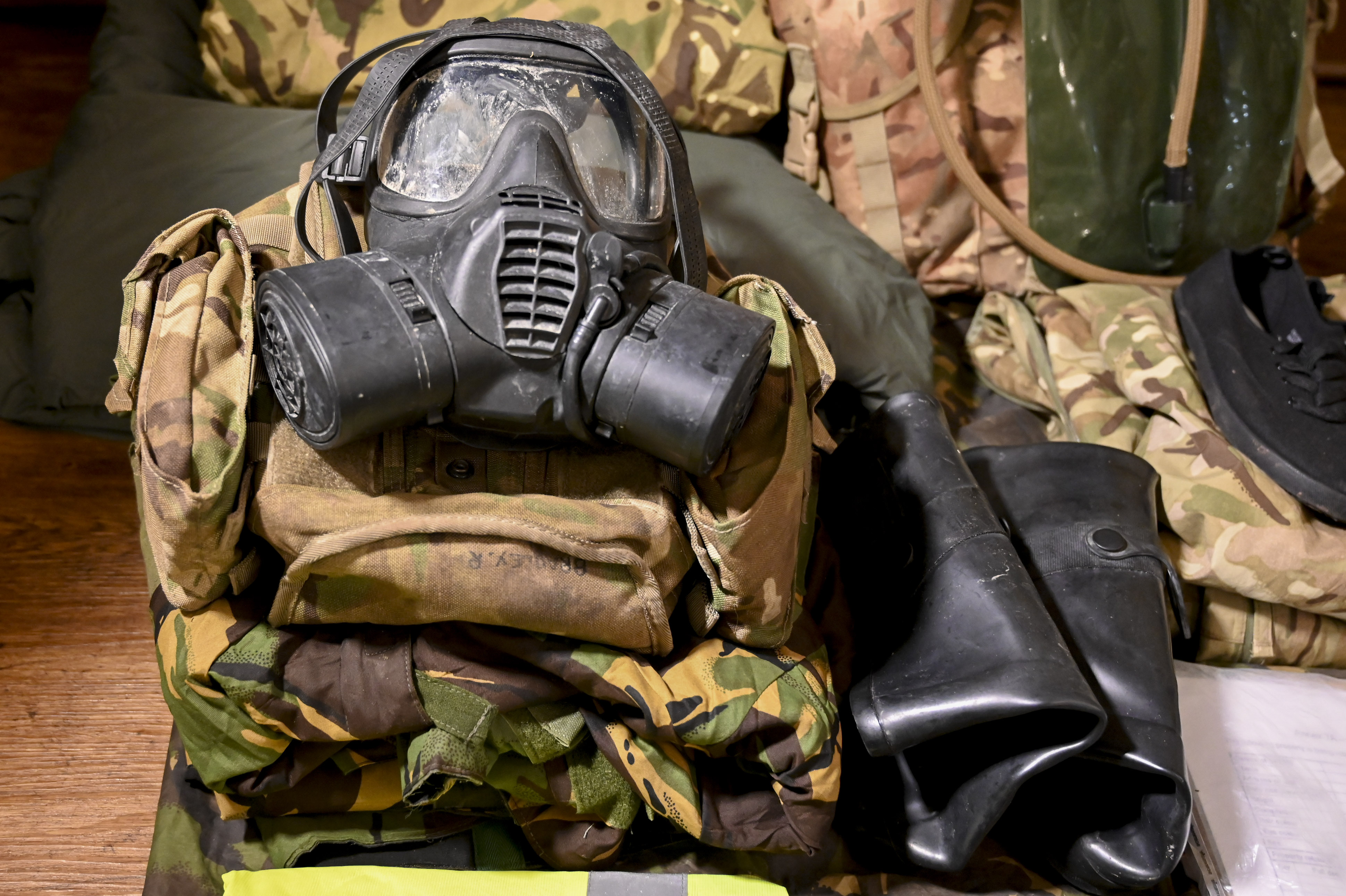 CBRN (chemical, biological, radiological, nucleur) protective equipment. Credit: Georgina Coupe, BFBS
