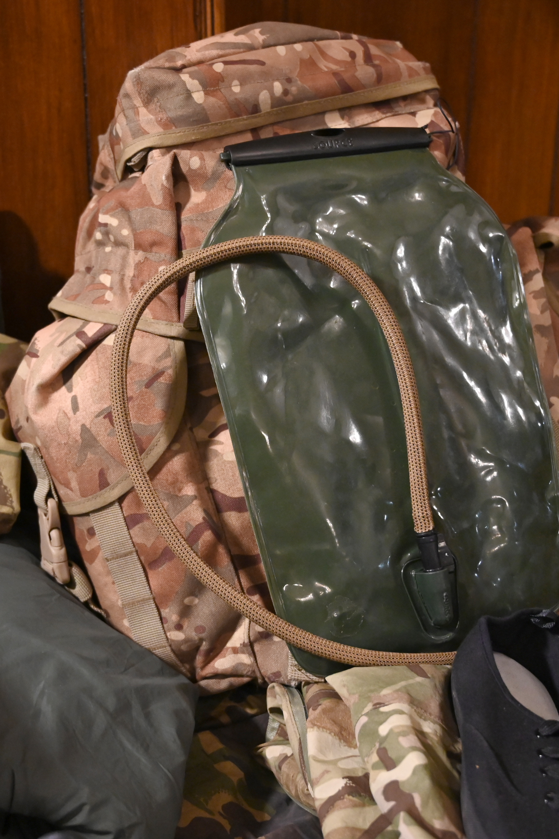 A day-sack (rucksack) is the medium size bag that can be attached to the larger bergan and often contains a CamelBak water carrier. Credit: Georgina Coupe, BFBS