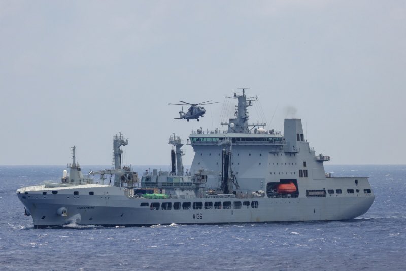 Carrier Strike Group complete vertical replenishment, distributing 25 tonnes of supplies between Royal Navy and partner ships