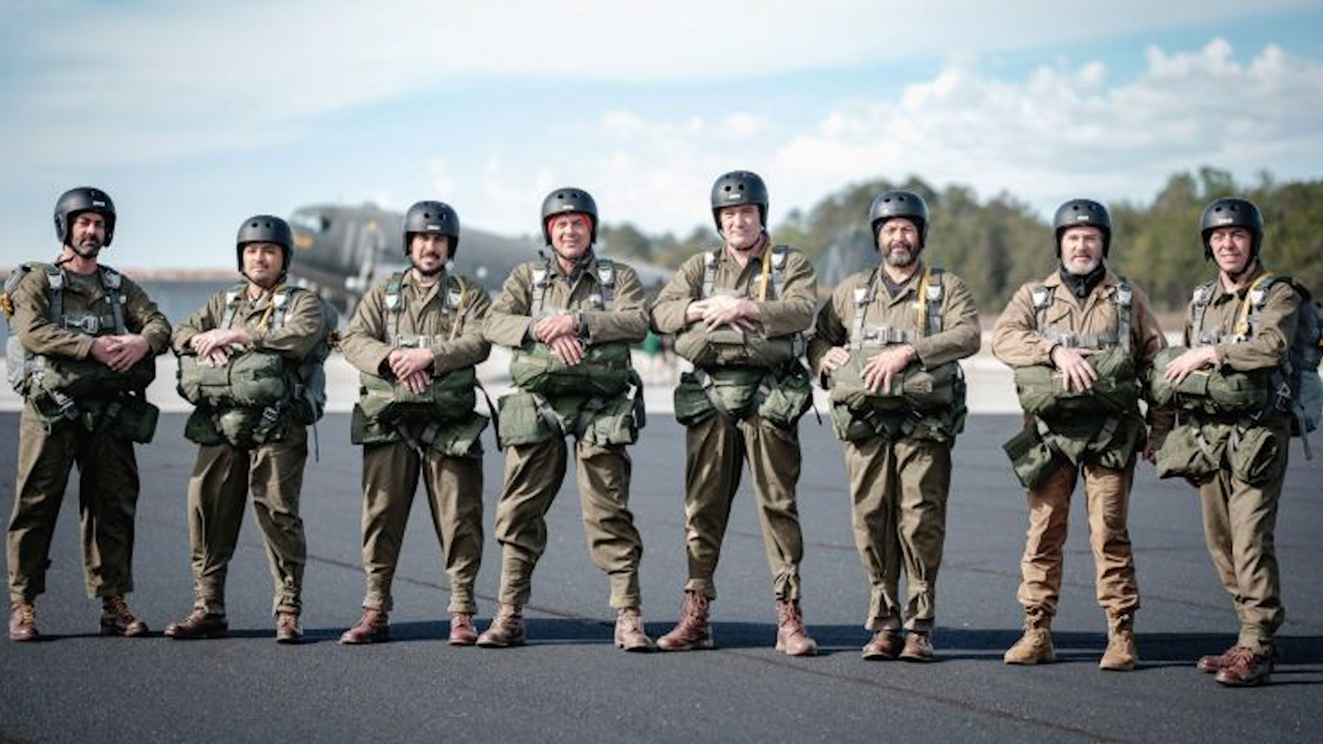 Cast members of Band Of Brothers trained at Camp Toccoa in Georgia, USA, where the original Easy Company trained in 1942, for a jump to mark D Day 80