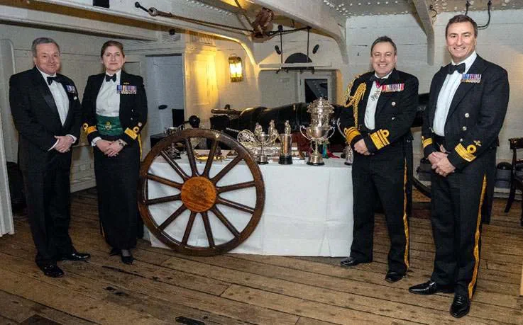 Cdres Andrew and Cath Jordan, VAdm Paul Marshall and Cdre Steve Bolton at the 125th anniversary of the Field Gun Competition CREDIT Ben Watson Media