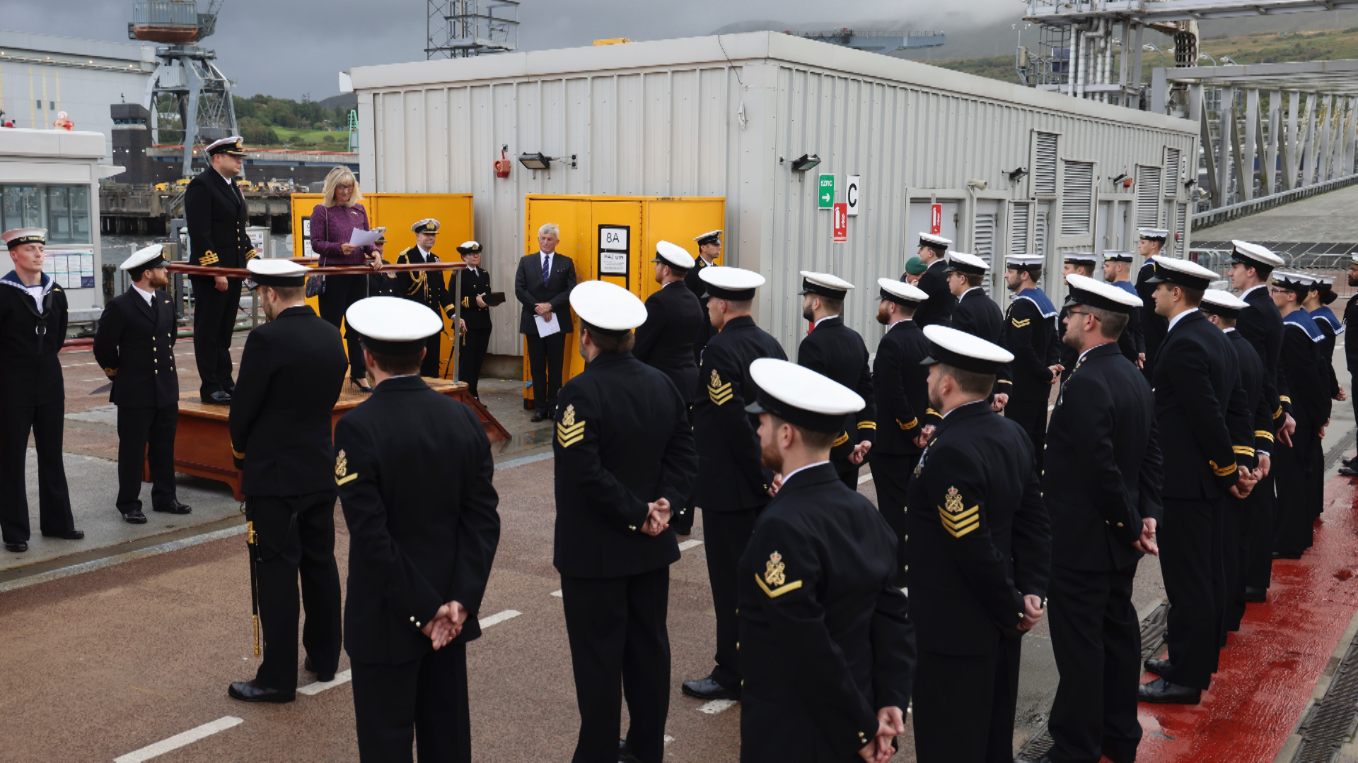 Ceremonial commissioning for HMS Audacious at Faslane with boat sponsor Lady Elizabeth Jones on stage 230921 CREDIT ROYAL NAVY