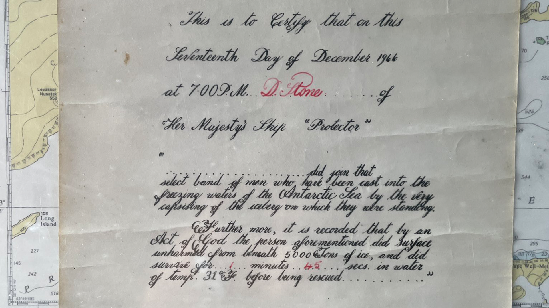 Certificate of iceberg survival HMS Protector 1966 160224 CREDIT DAVID STONE via HMS PROTECTOR