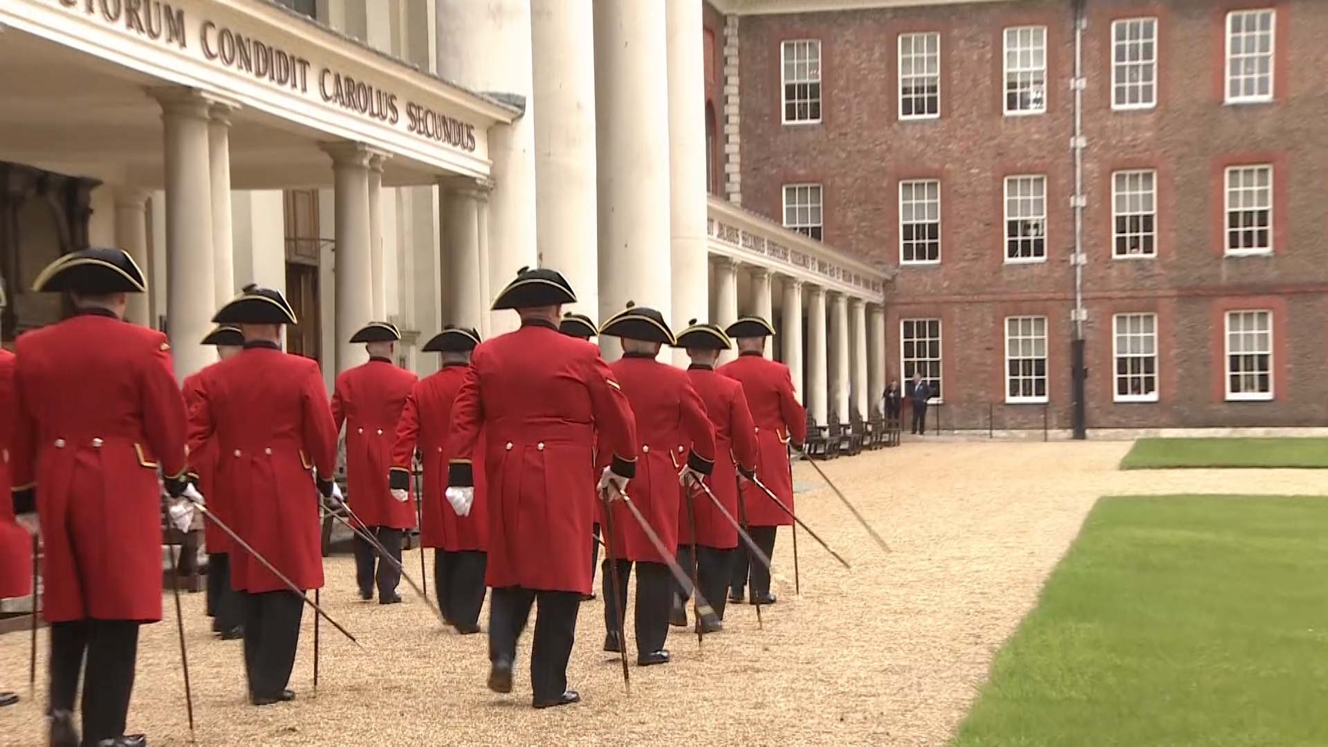 Chelsea Pensioners, wearing their new Scarlet coats, at the Royal Hospital Chelsea 270521 CREDIT BFBS.jpg
