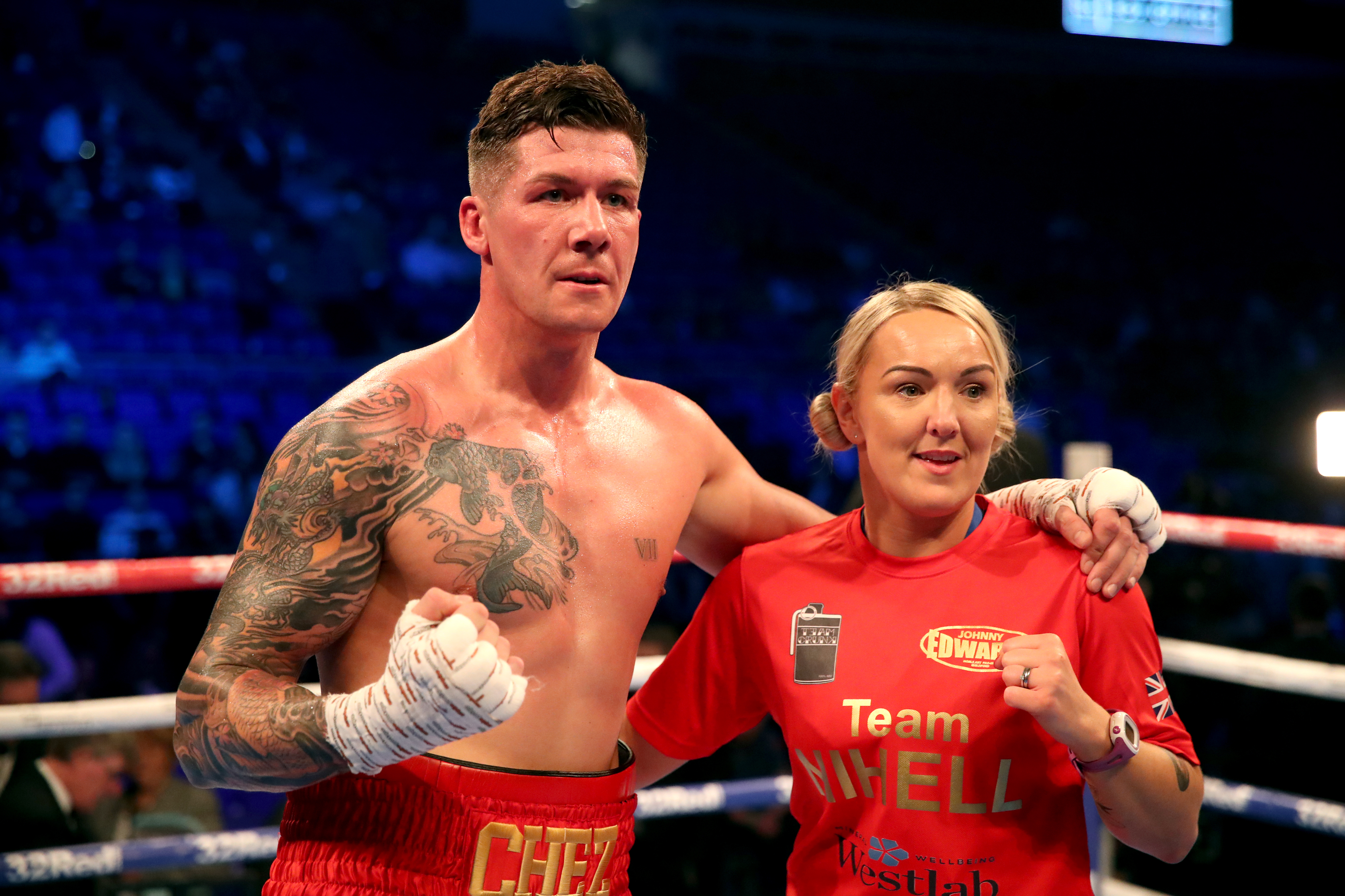 Chez Nihell celebrating his first professional victory with wife Alanna Nihell