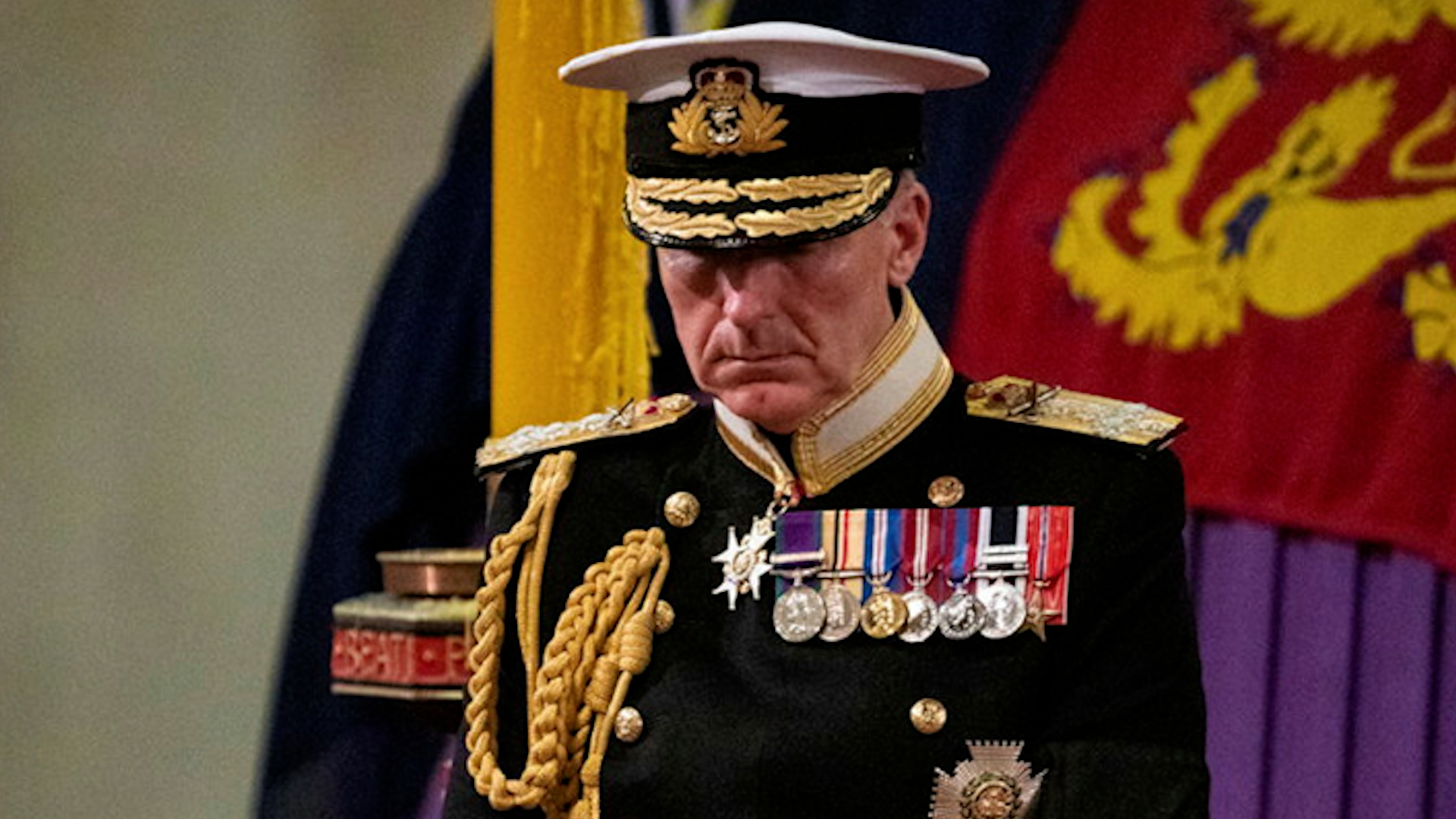 Chief of the Defence Staff Admiral Sir Tony Radakin standing vigil at HM The Queen's coffin with UK's service chiefs 17092022 CREDIT MOD Twitter.jpg