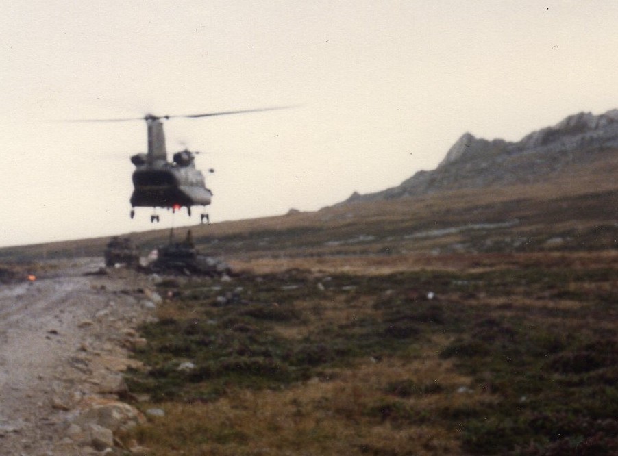 Chinook lifting stricken vehicle Falklands. Kevin Lambert