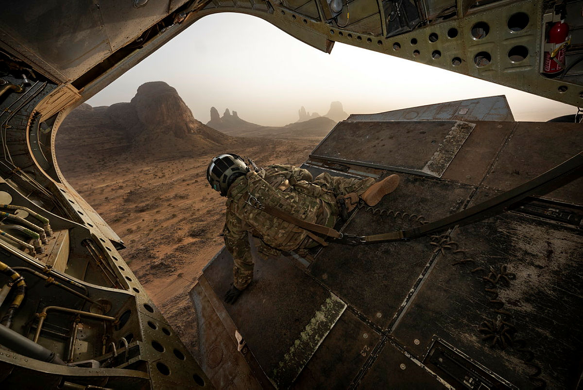 View of Mali from the rear door of an RAF Chinook helicopter