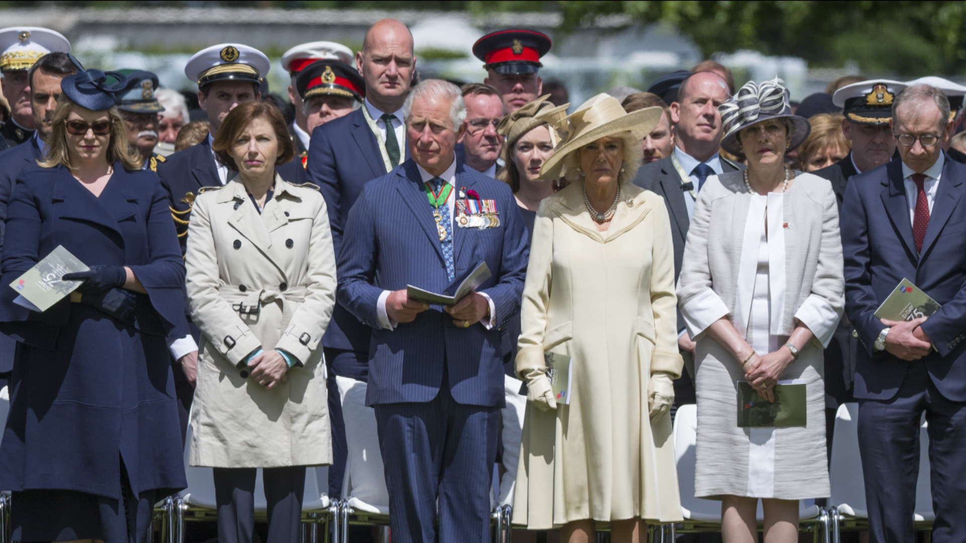 Remembrance service at Bayeux Cemetery. L-R: Defence Secretary Penny Mordaunt, French Defence Minister Florence Parly, Prince Charles, Duchess of Cornwall, Theresa May, Phillip May (Picture: MOD).