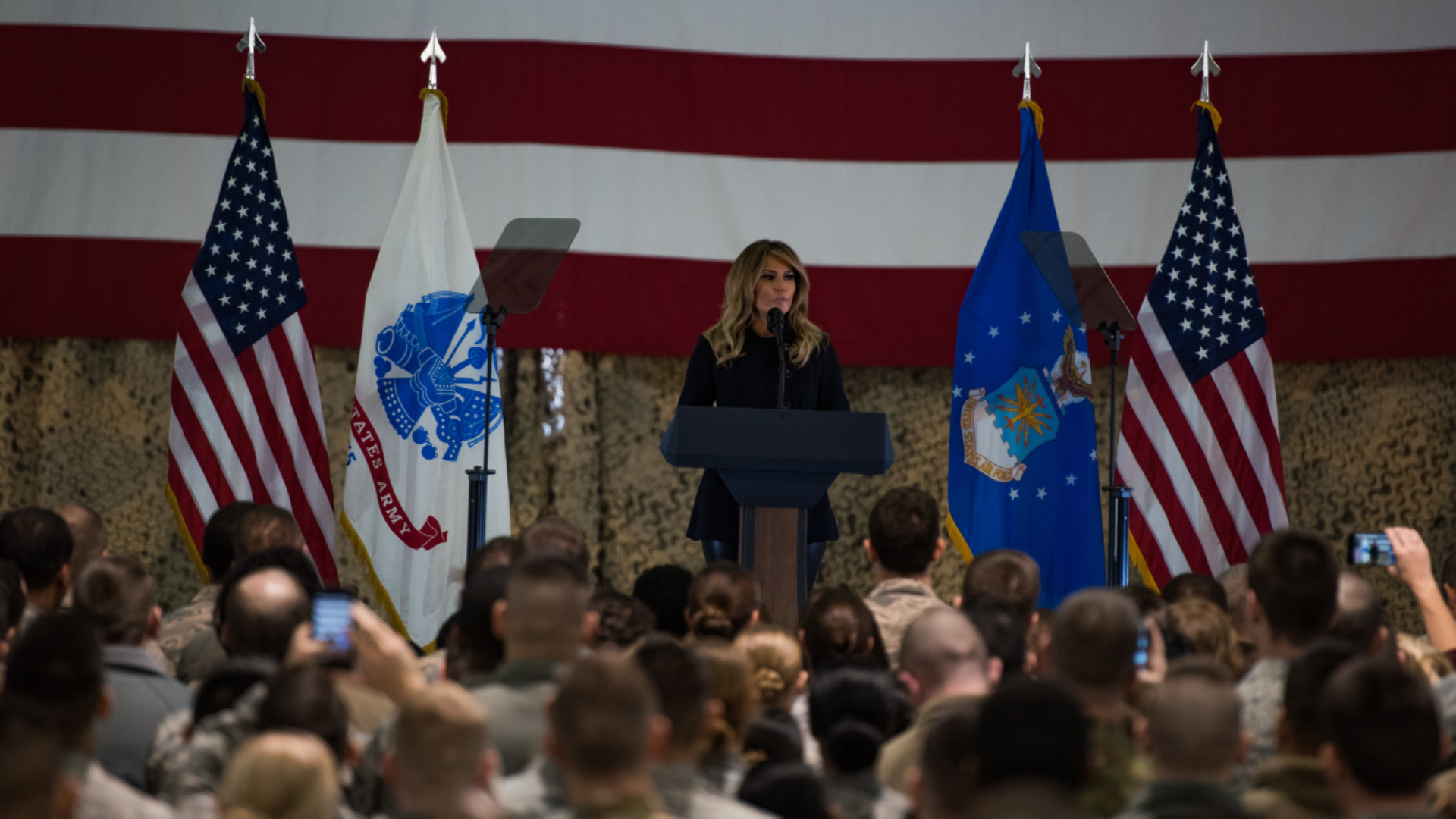 First Lady Melania Trump addresses soldiers and airmen at a base in Virginia