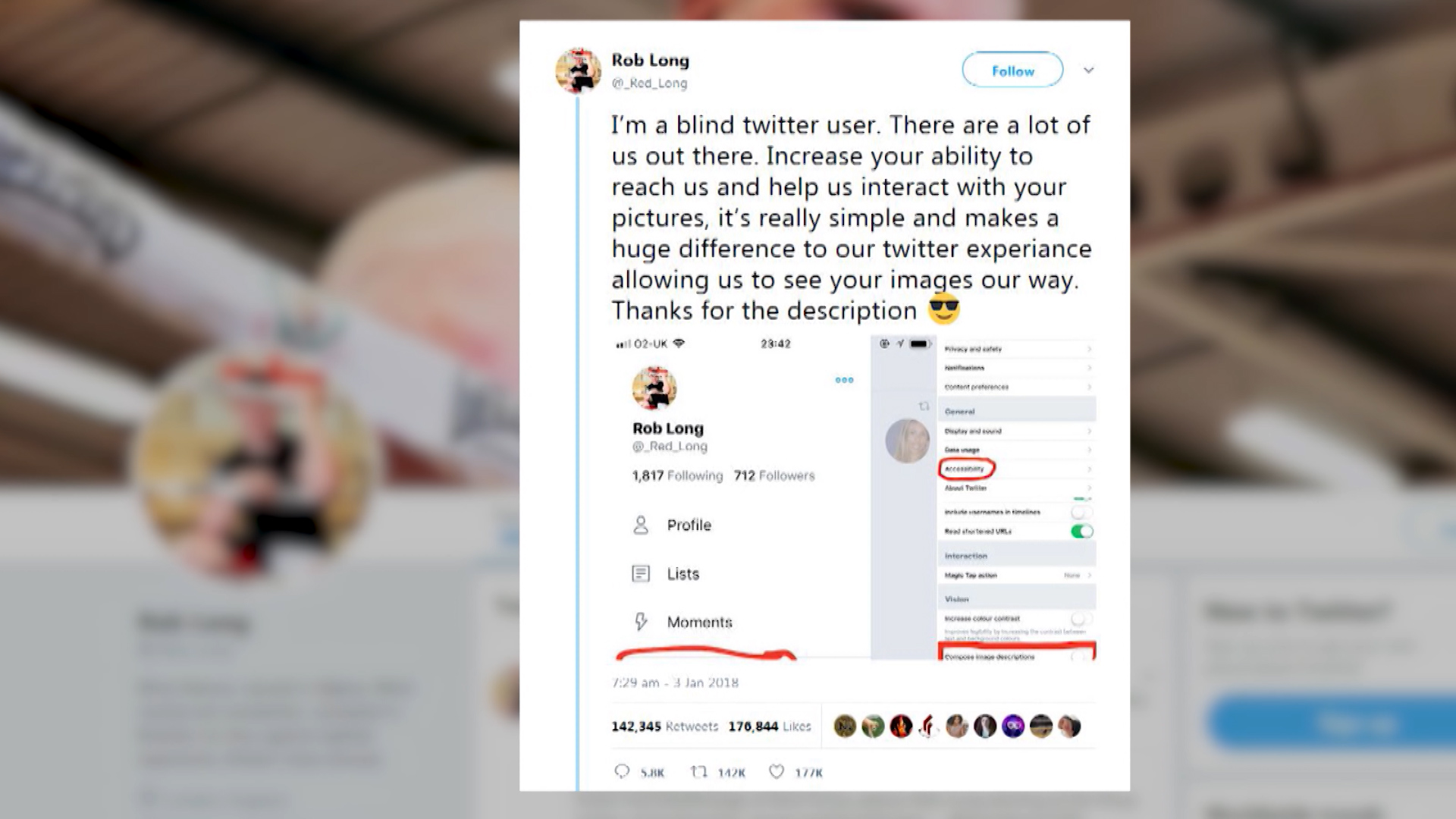 Caption from blind veteran Rob Long about Twitter visual aid feature 