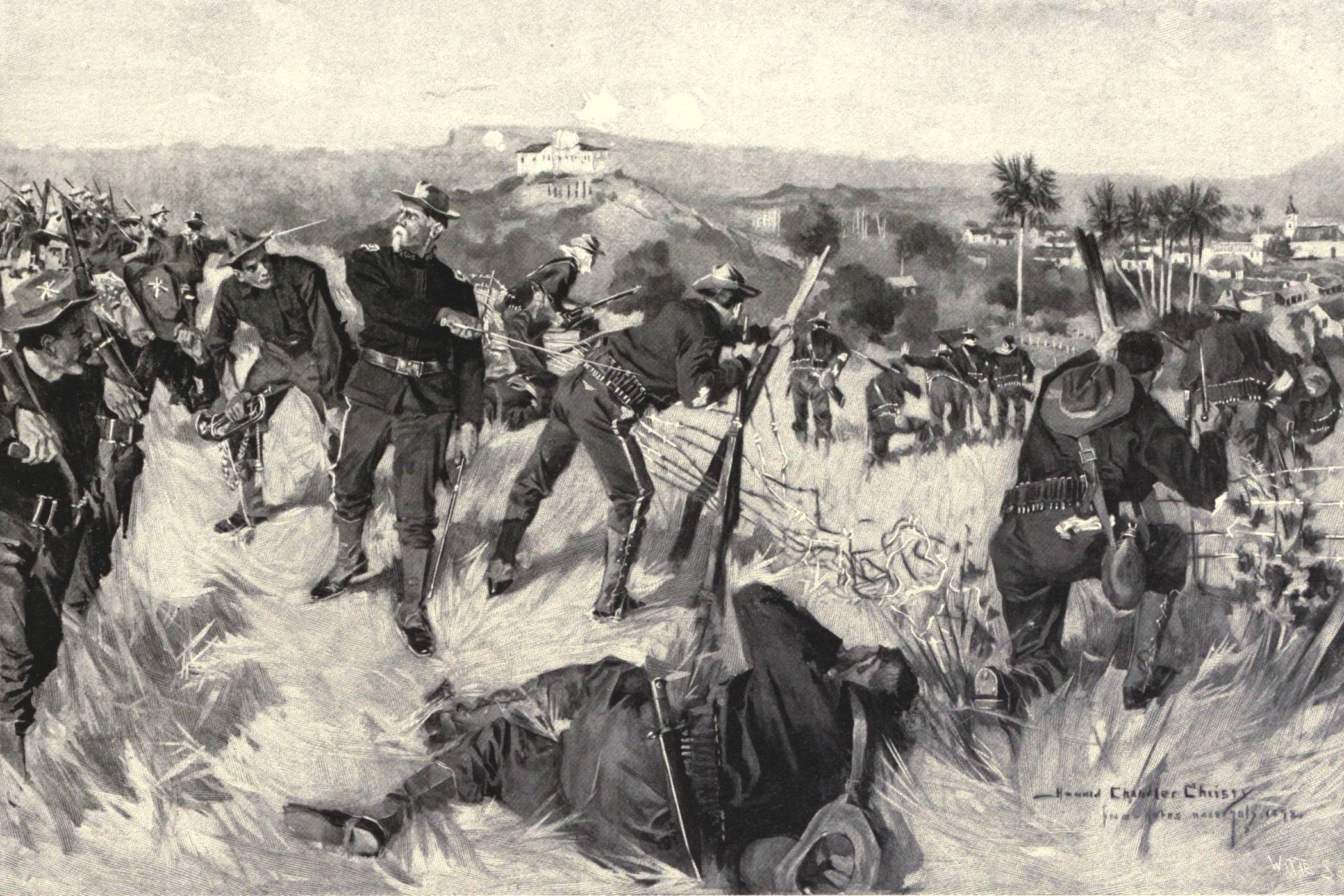 American infantry cut through barbed wire and charge towards El Caney 