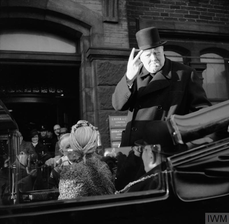 Winston Churchill doing a backwards victory sign