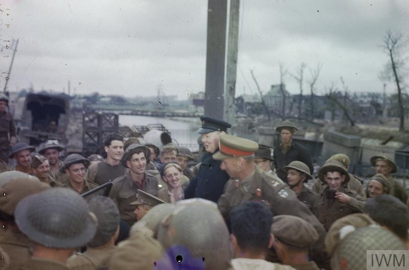 Colour still of Winston Churchill visiting British and Canadian troops during the Battle of Normandy