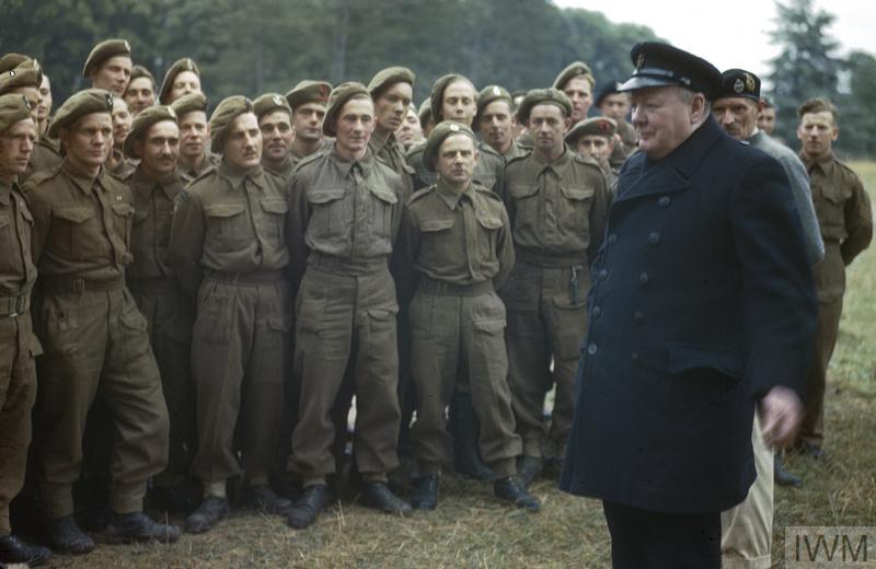 Winston Churchill with British troops in Caen, Normandy