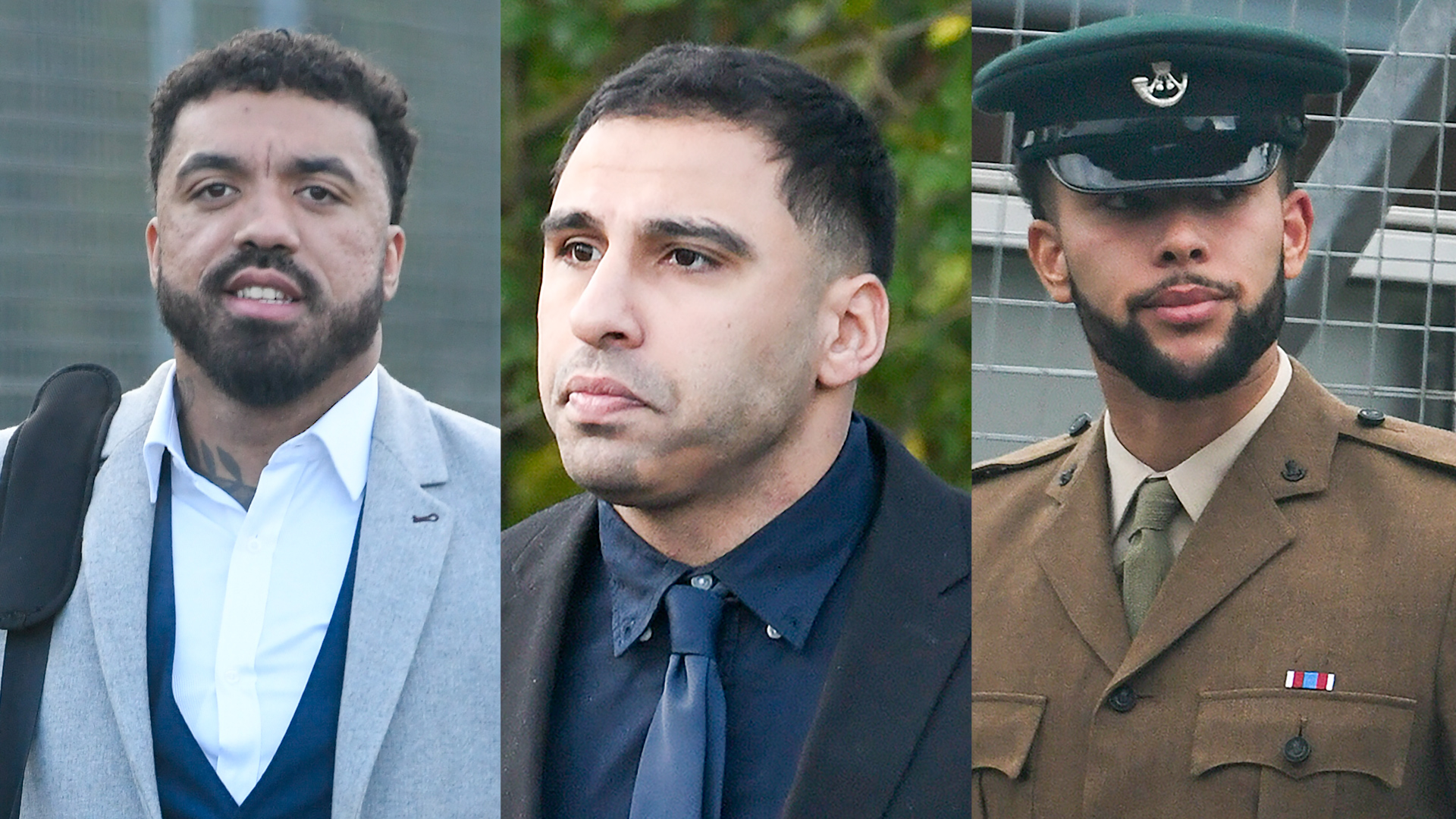 Rfn Claudius Scott (left), Rfn Ryan Saedi (middle) and Rfn Ashleigh Walker (right) have been jailed along with Lance Corporal Bradley Hesketh