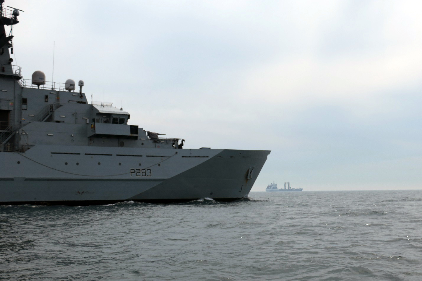 Close up of HMS Mersey as she shadows a Russian tanker Akademik Pashin through the English Channel (Picture: Royal Navy).