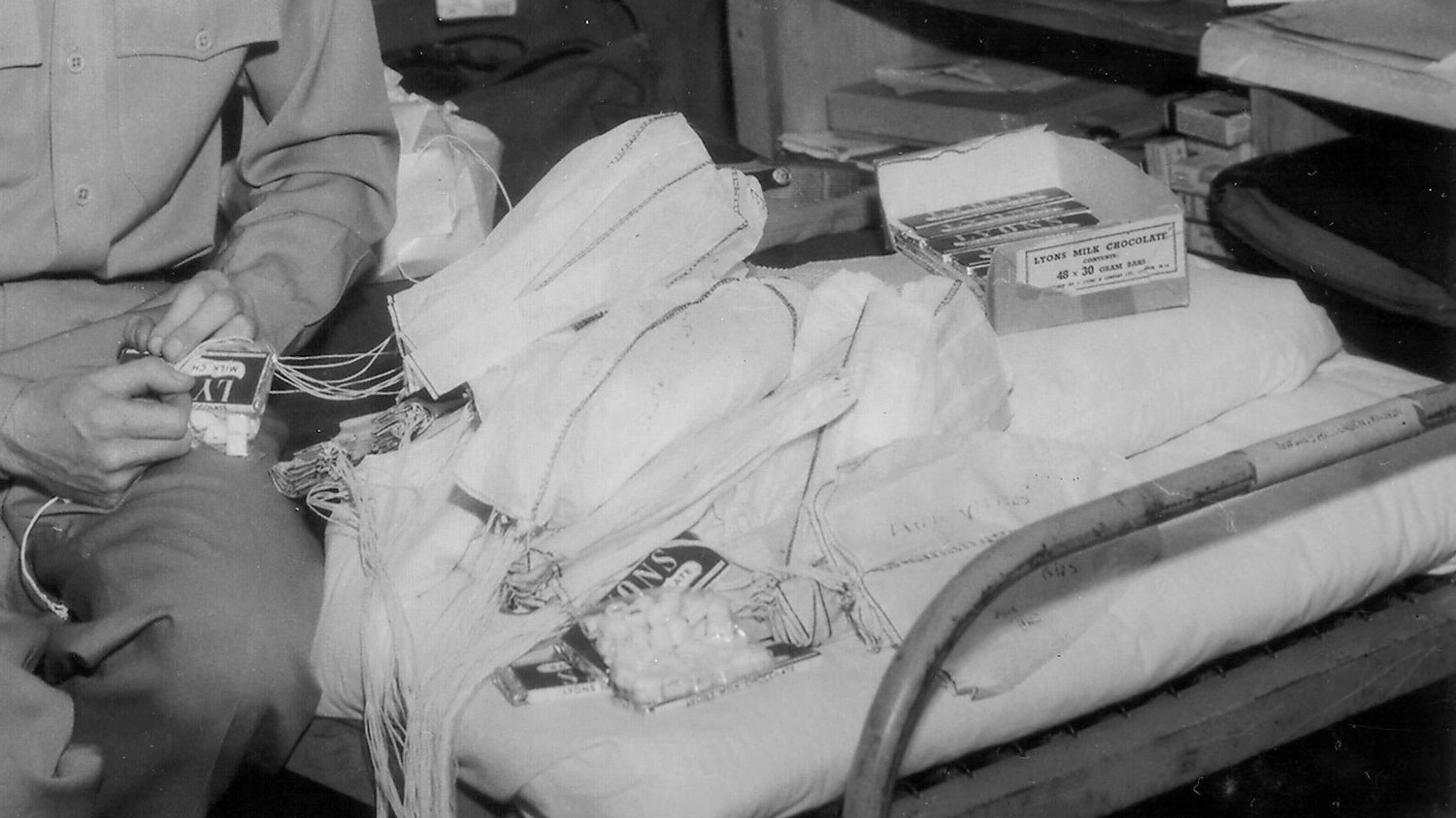 Close up on the sweets candy Col (Retd) Gail Halvorsen makes miniature parachutes filled with sweets for German children in Berlin as part of Operation Little Vittles (Picture: Newscom / Alamy Stock Photo).