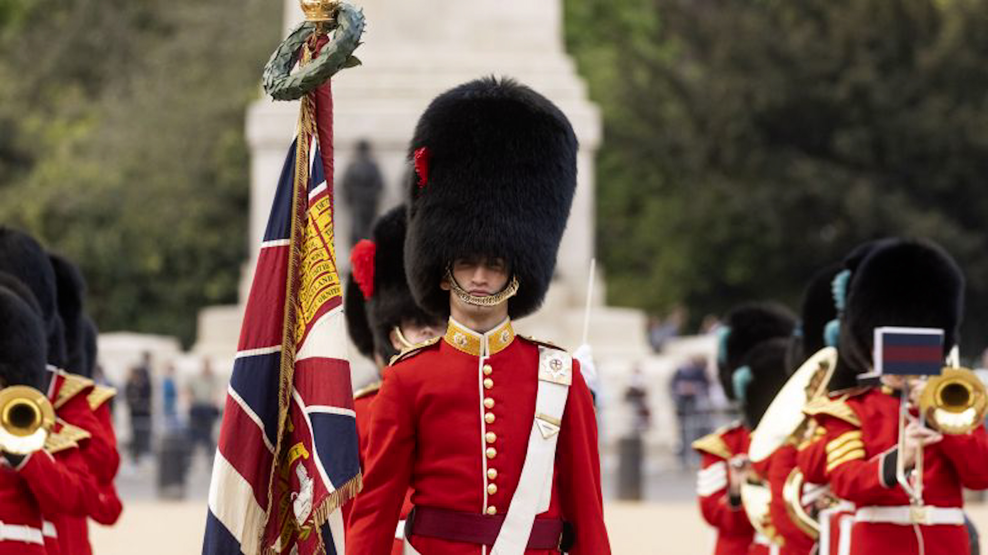 Coldstream Guards on parade in the iconic Summer Guard Order military uniform in London 12042022 CREDIT MOD
