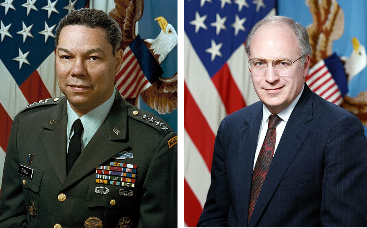Pictures of Colin Powell as Chairman of the Joint Chiefs of Staff and Dick Cheney as Secretary of Defense