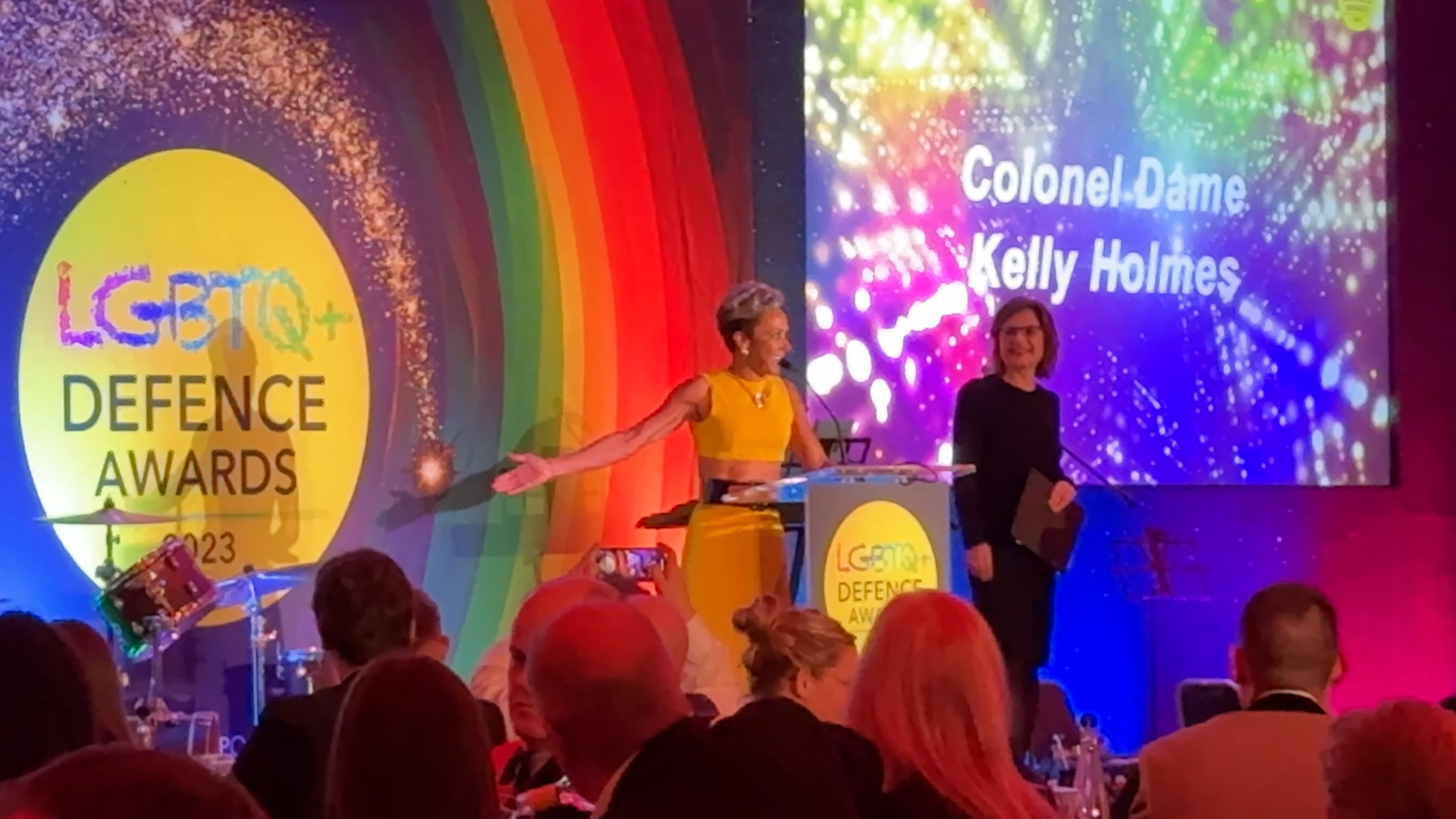 Colonel Dame Kelly Holmes (left) alongside BBC news anchor Jane Hill during LGBTQ Defence Awards 17102023