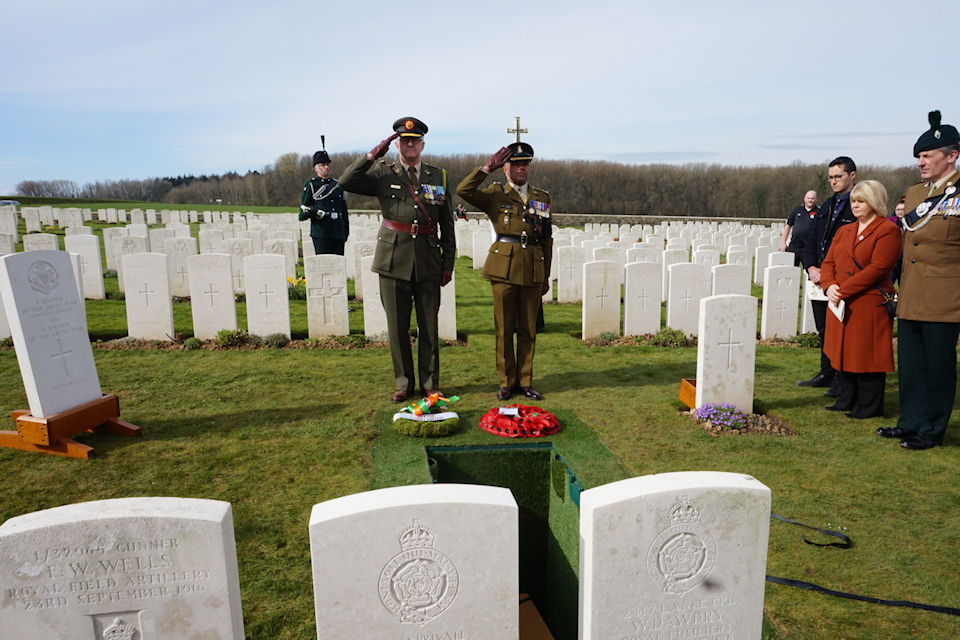Colonel Des Bergin representing the Irish Embassy and Lieutenant Colonel Ret'd Dominic Hancock of the British Embassy lay wreaths at the graveside 210319 CREDIT MOD.jpg