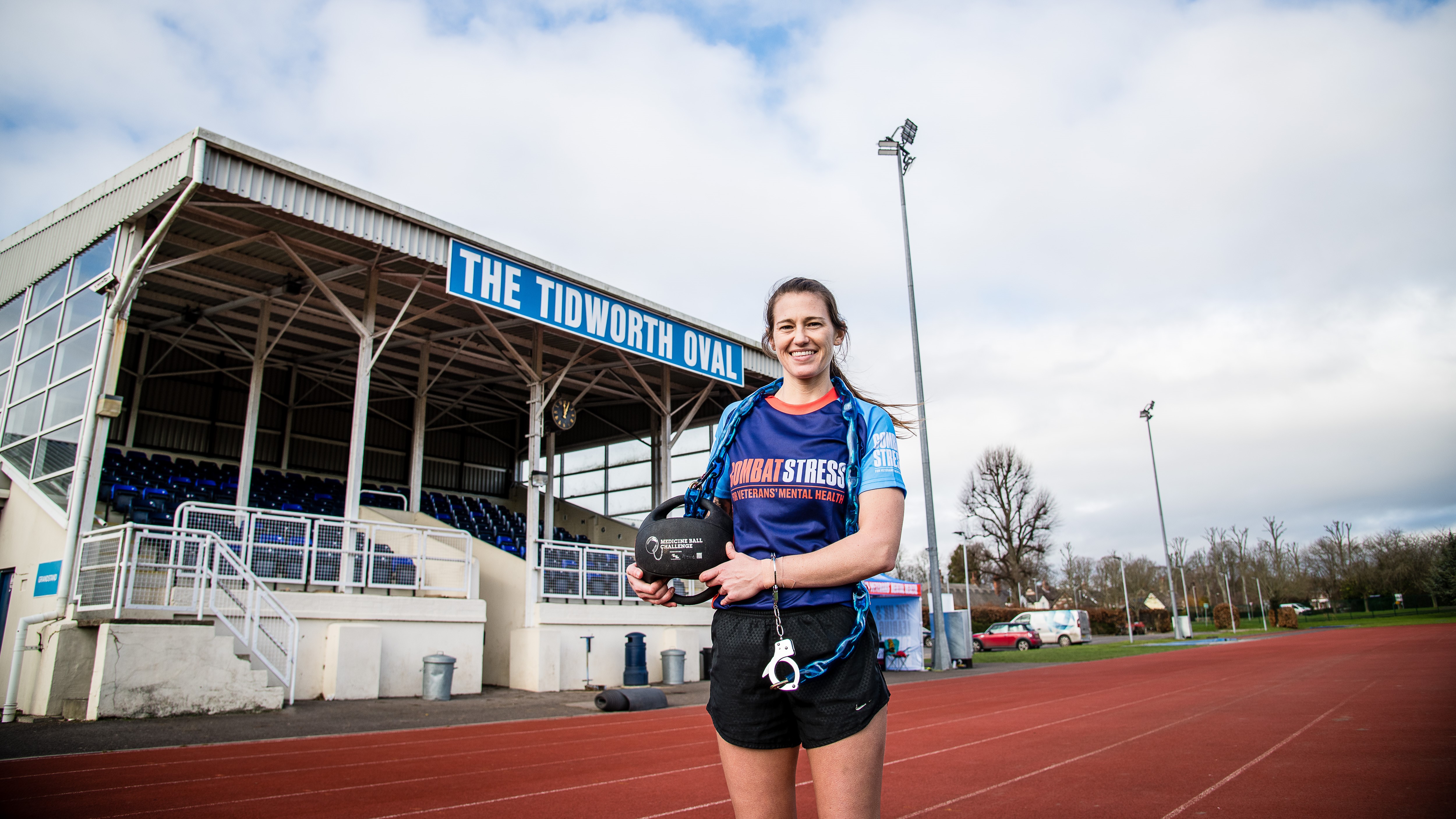 Sgt Naomi Benson ran non-stop round a track for 24 hours (Picture: Combat Stress – Medicine Ball Challenge).