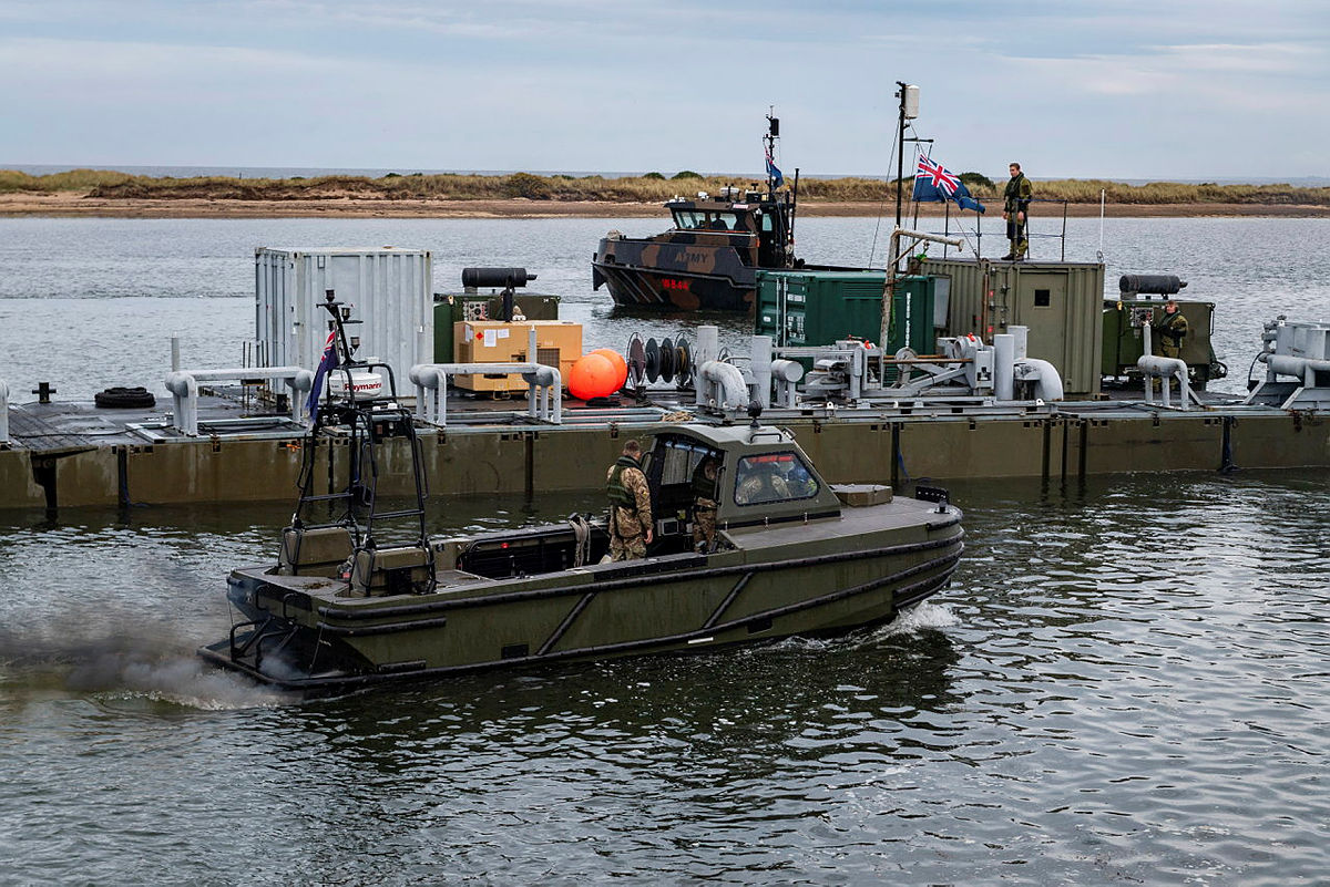 A Combat Support Boat is visible in the foreground in front of a Mexeflote craft, while an Army Work Boat is in the background (picture: MOD)