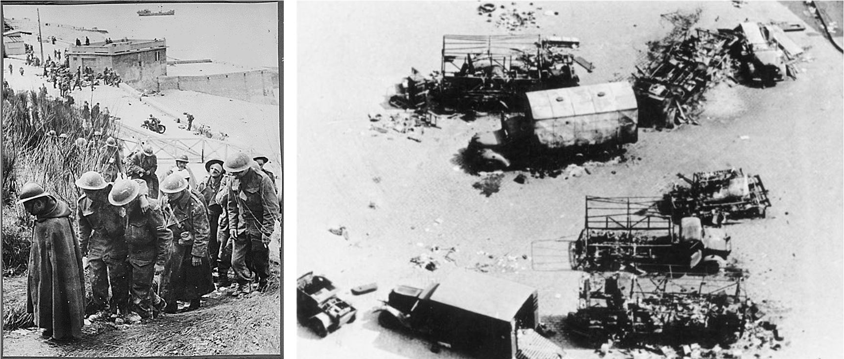 British POWs at Dunkirk (left) and vehicles deserted on the beach, these ones thought to be at Calais
