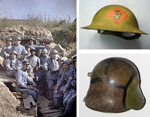  A British shrapnel helmet (Picture: Joshua R. Murrary) and a German 'Stahlhelm'