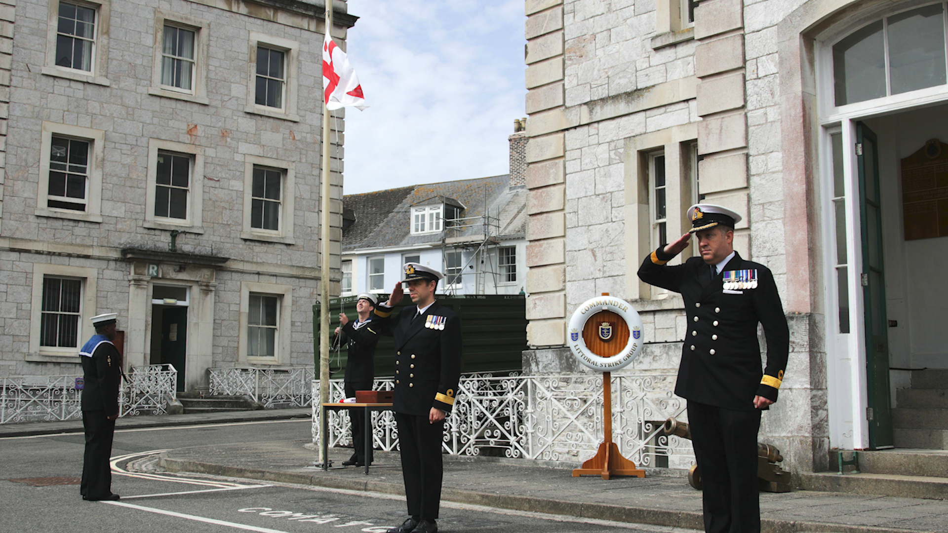 Commodore James Parkin hands over command of Littoral Strike Group to Commodore Rob Pedre in Plymouth (Picture: Royal Navy).