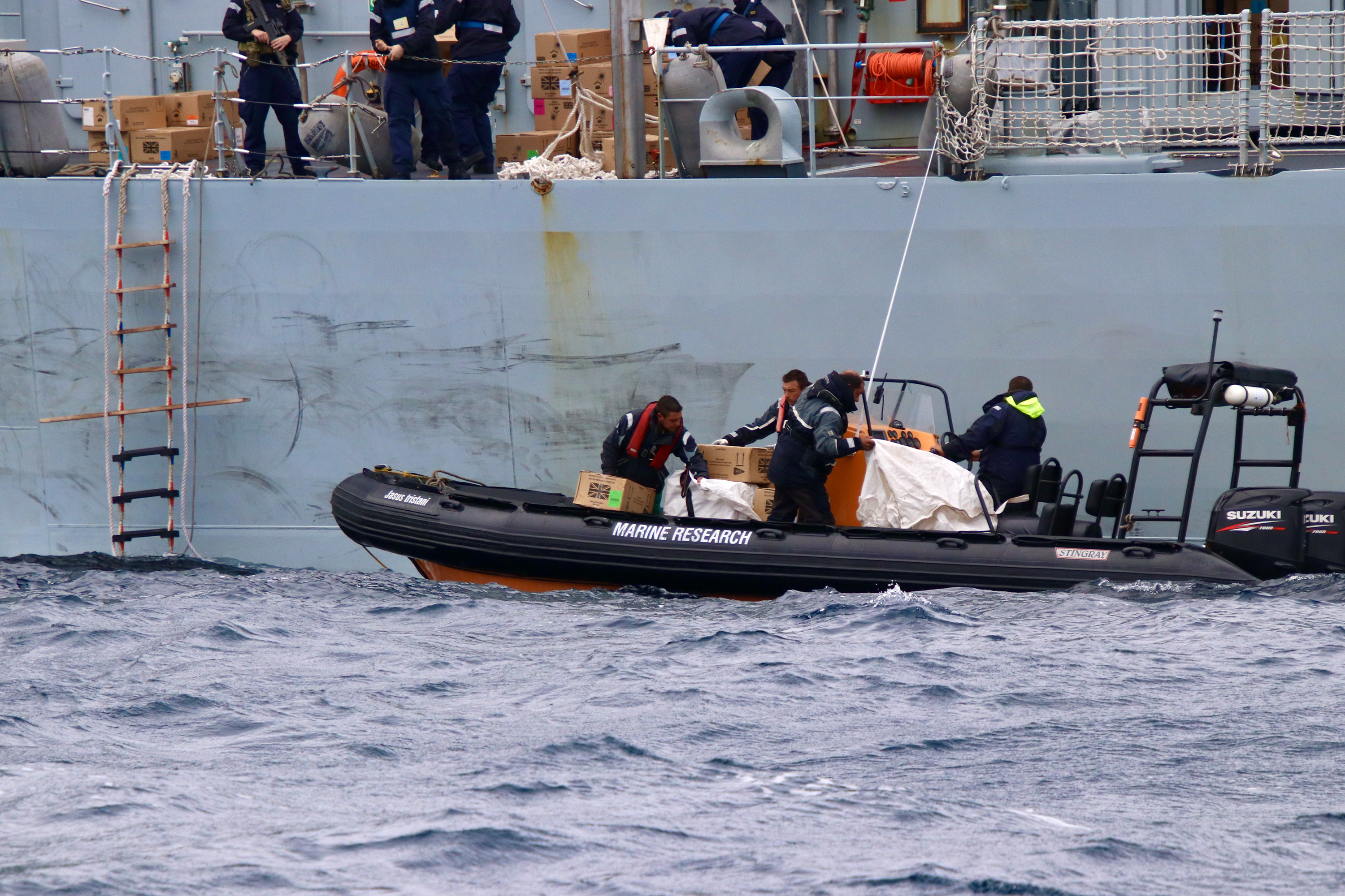 The vaccines are unloaded from HMS Forth to be delivered to Tristan de Cunha (Picture: MOD).