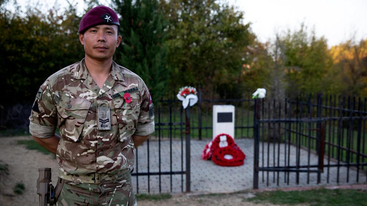 Corporal Rai, a member of the 2nd Battalion, Royal Gurkha Rifles, laid a wreath in memory of his uncle, Sergeant Balaram Rai, who was killed in 1999