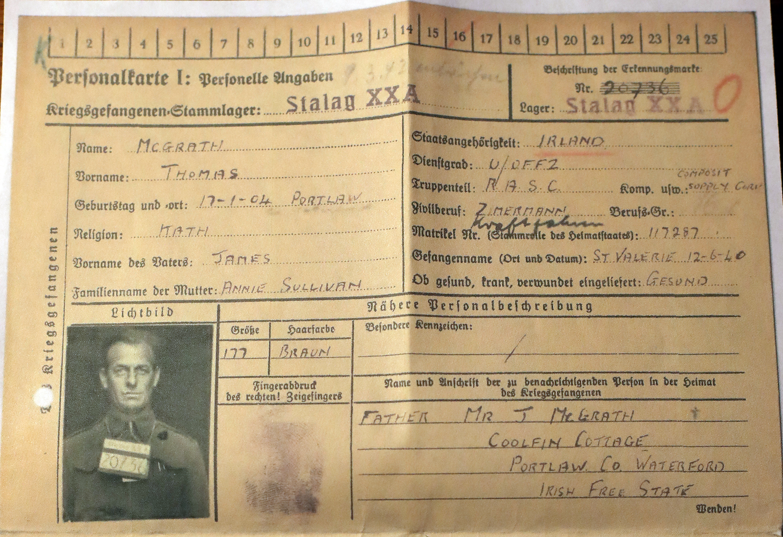 Cpl Tom McGrath's German prison records