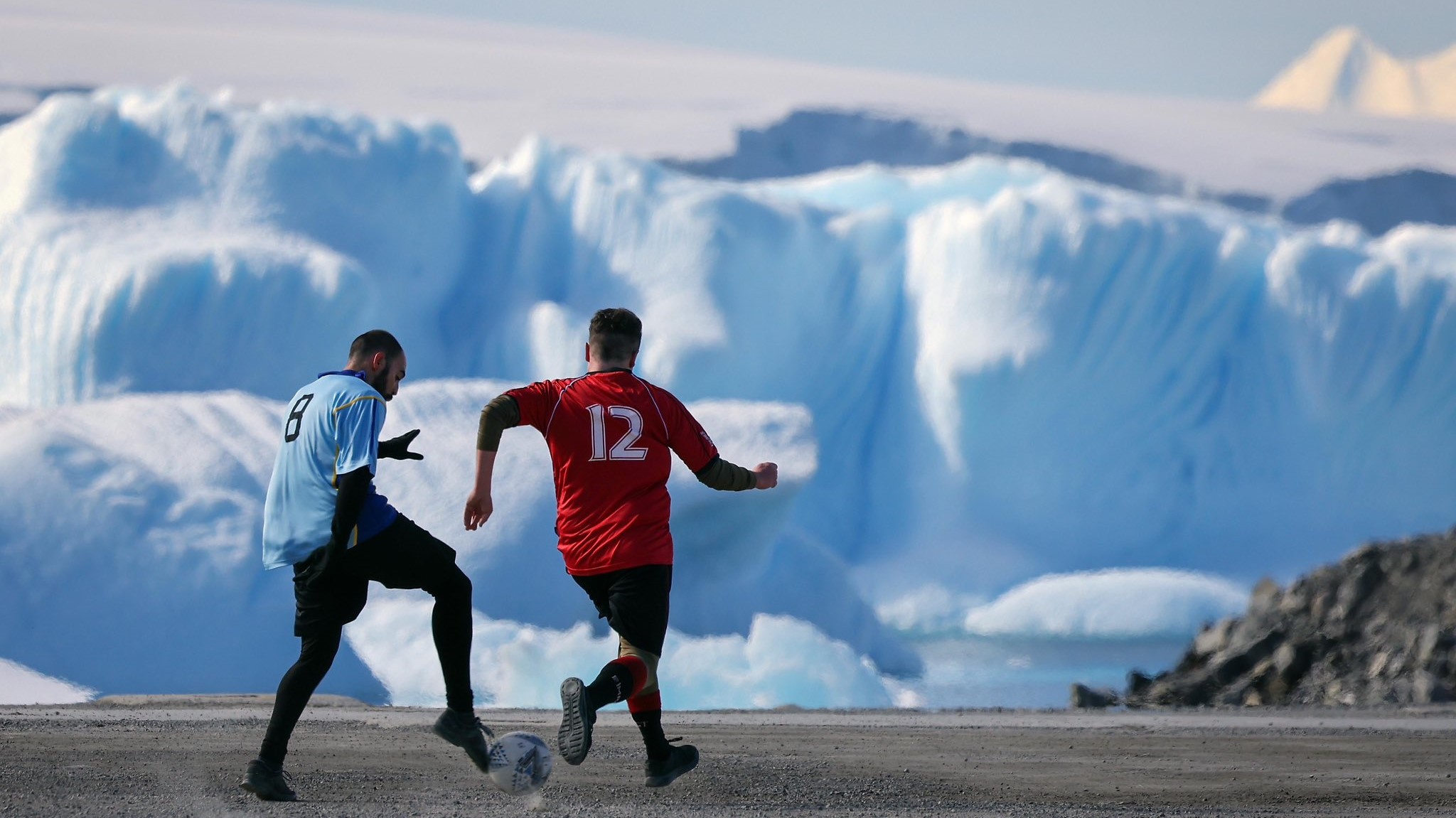 Crew of HMS Protector playing football inside the Antartic Circle 31012023 CREDIT HMS Protector