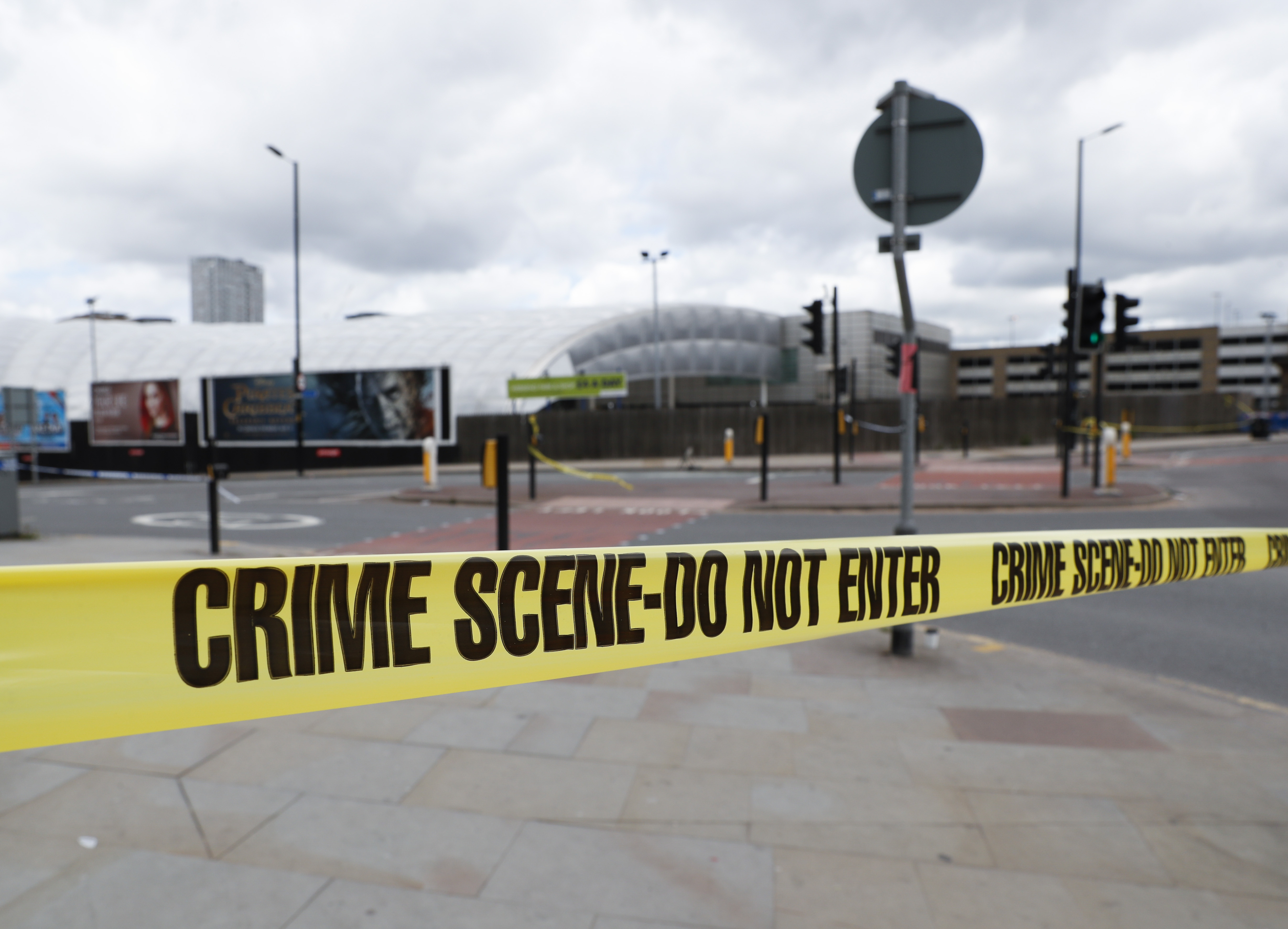 Crime scene police tape in Manchester following MEN arena attack 