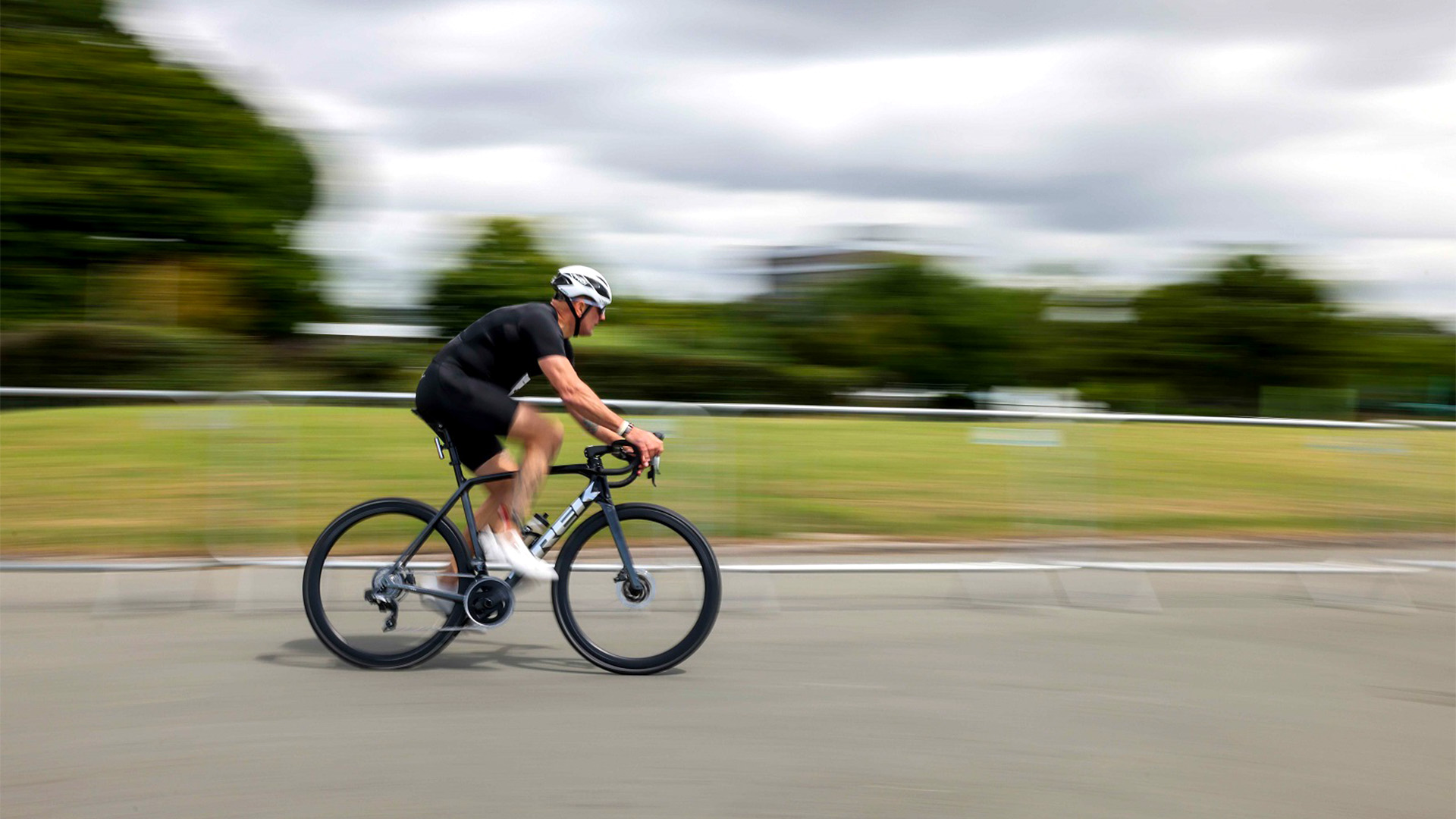 A cyclist competing on the route through the streets of Plymouth